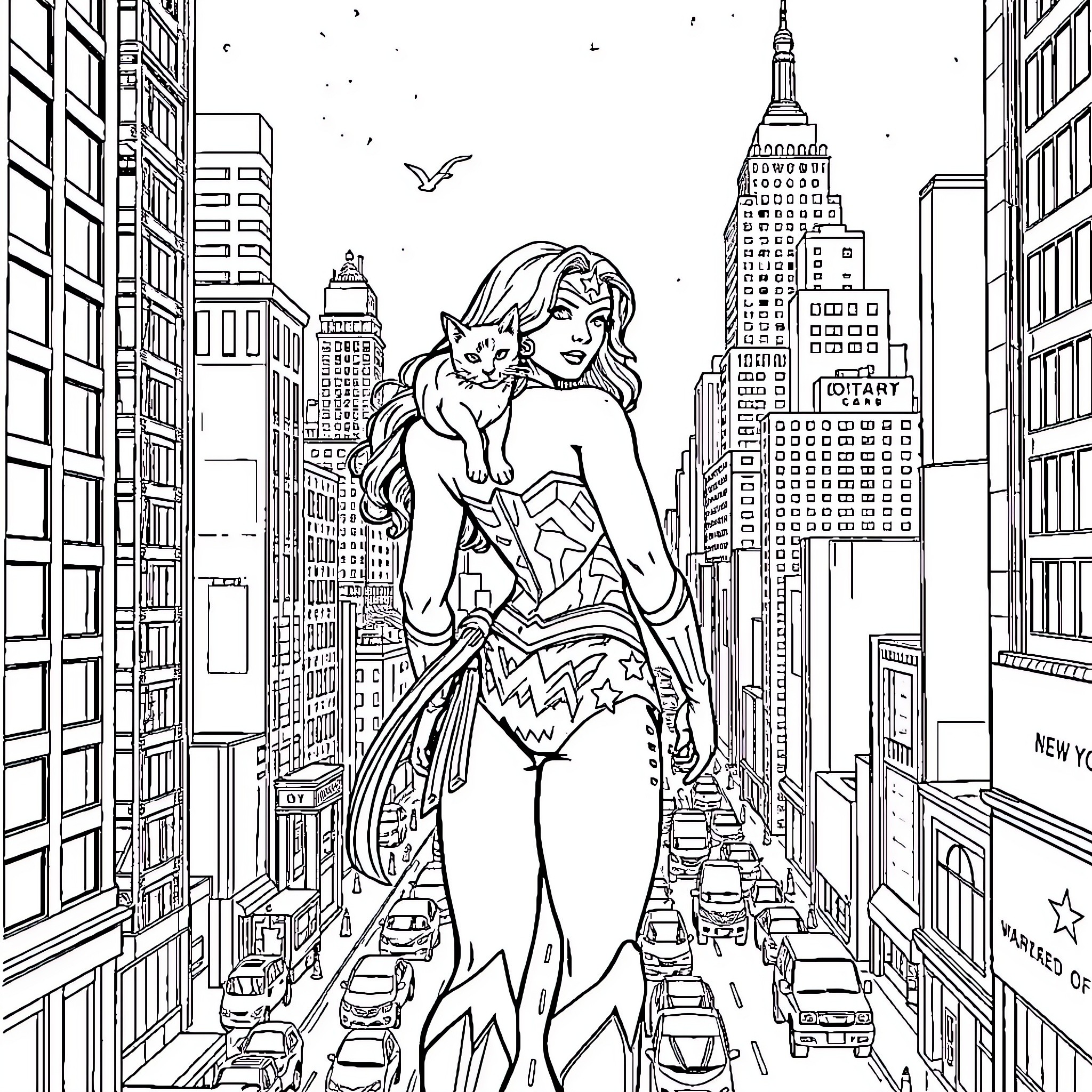 Wonder Woman Soars Over the City Coloring Page (free black-and-white line drawing printable PDF for all, from beginners to advanced learners, including children, teens, adults, and seniors)