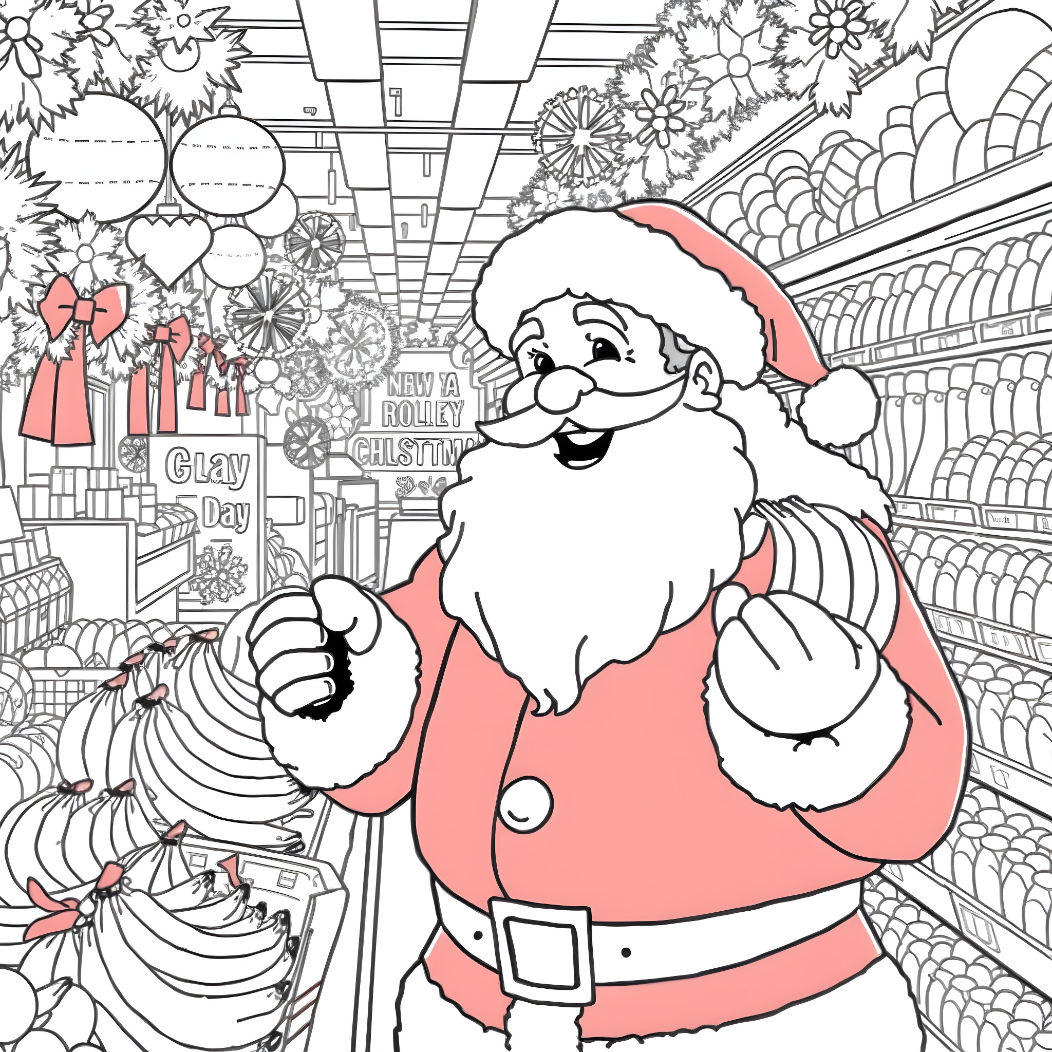 Santa Enjoys Shopping at the Holiday Store Coloring Page (free black-and-white line drawing printable PDF for all, from beginners to advanced learners, including children, teens, adults, and seniors)