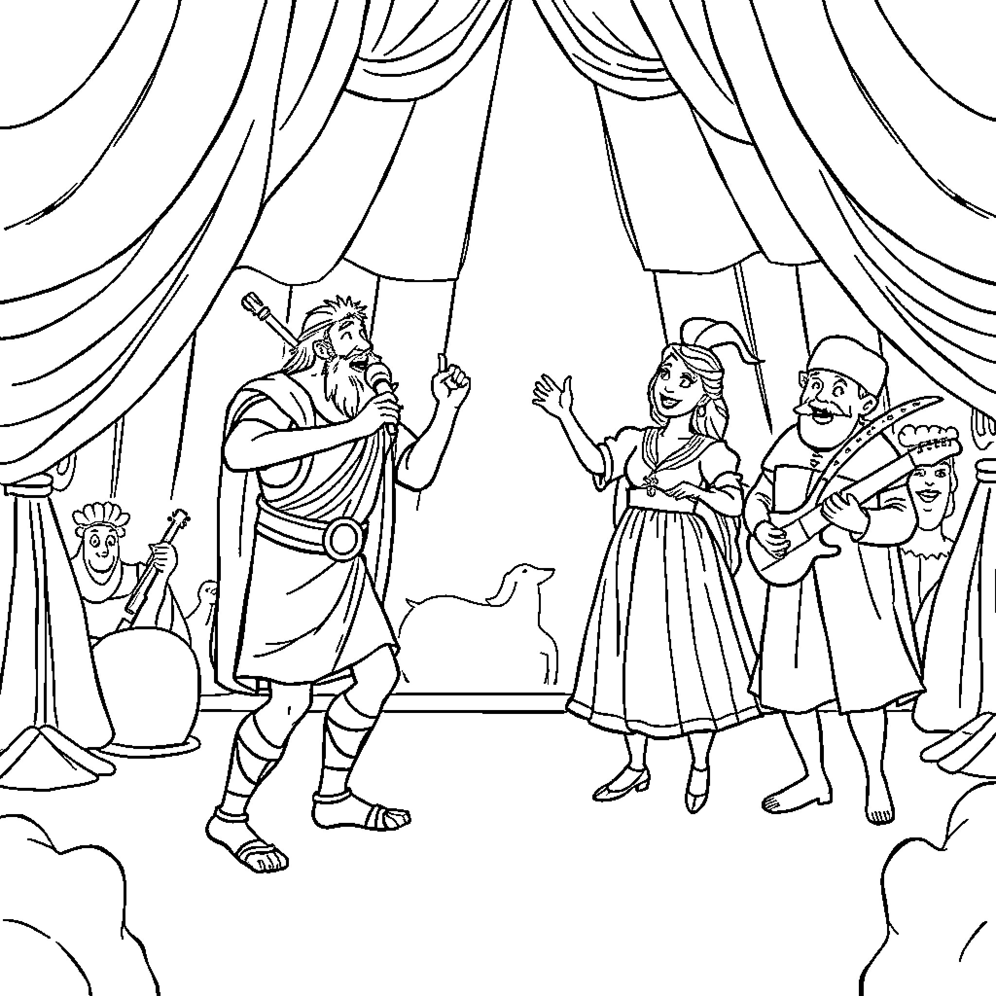 K3 Musical Performance with Characters on Stage Coloring Page (free black-and-white line drawing printable PDF for all, from beginners to advanced learners, including children, teens, adults, and seniors)