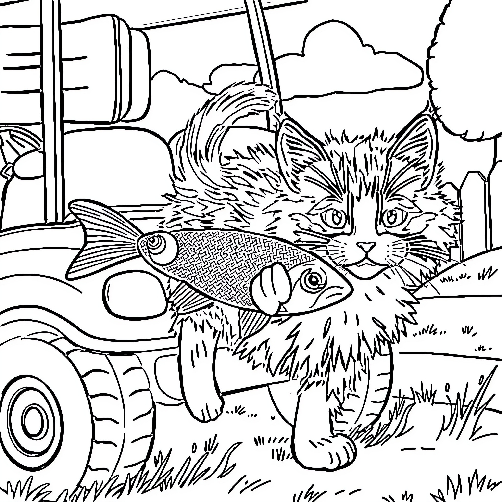 Kitten with Fish in Vintage Truck Coloring Page (free black-and-white line drawing printable PDF for all, from beginners to advanced learners, including children, teens, adults, and seniors)