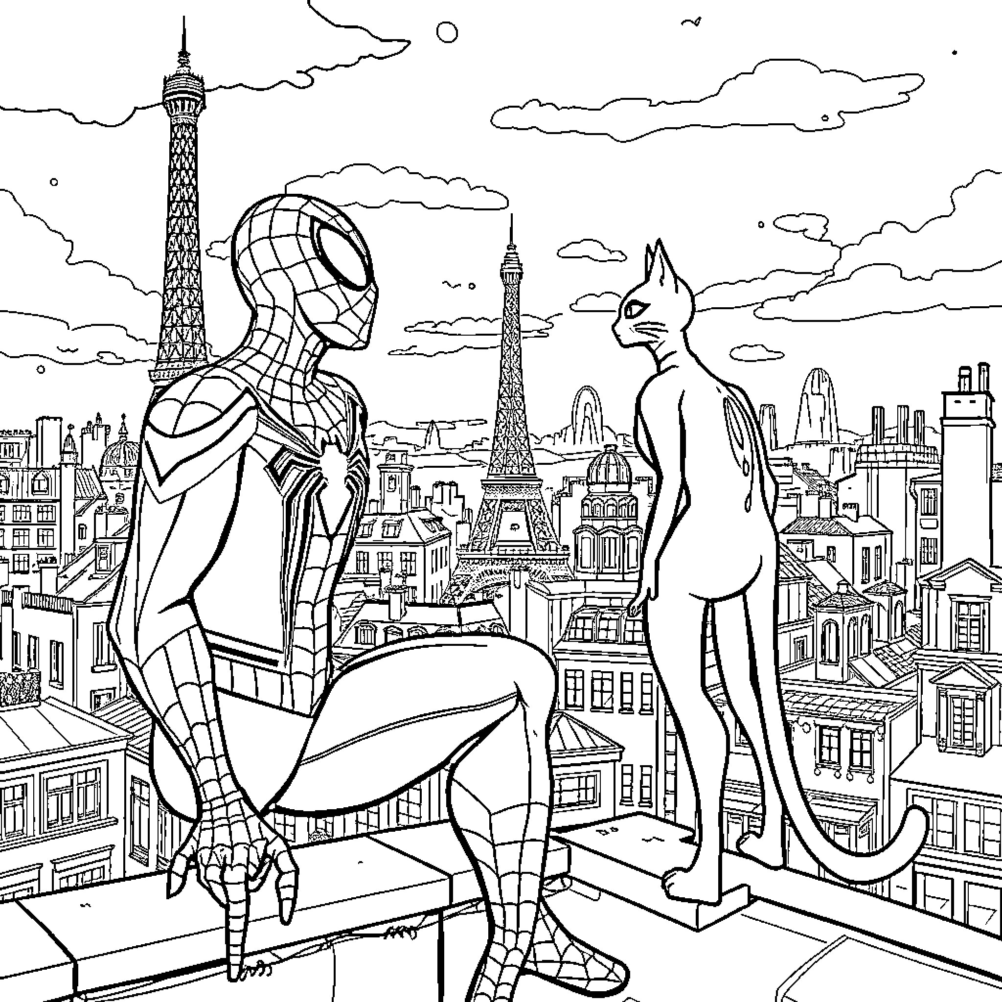 Spiderman and Cat Superhero Team Up over Parisian Skyline Coloring Page (free black-and-white line drawing printable PDF for all, from beginners to advanced learners, including children, teens, adults, and seniors)