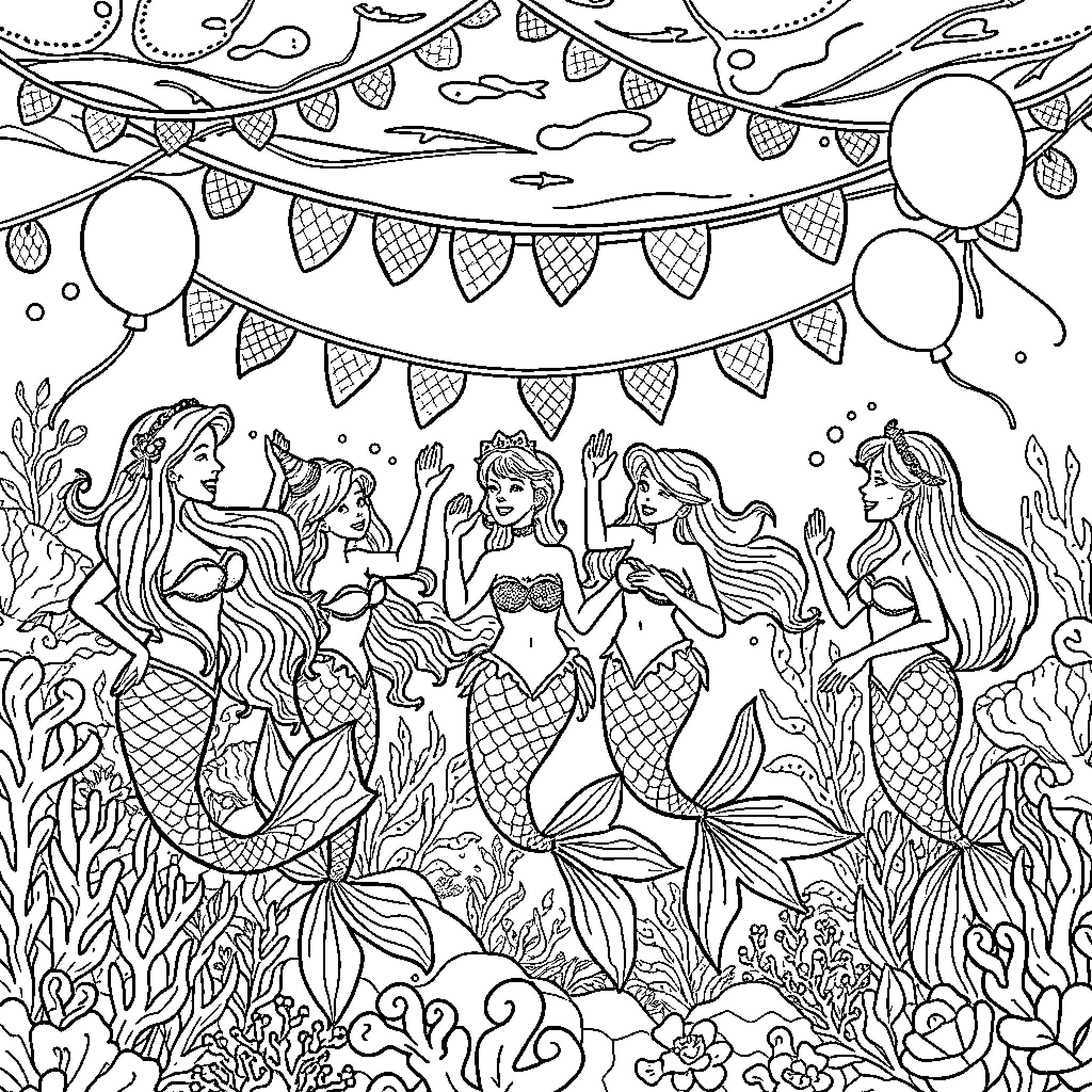 Mermaid Celebration Under the Sea Coloring Page (free black-and-white line drawing printable PDF for all, from beginners to advanced learners, including children, teens, adults, and seniors)
