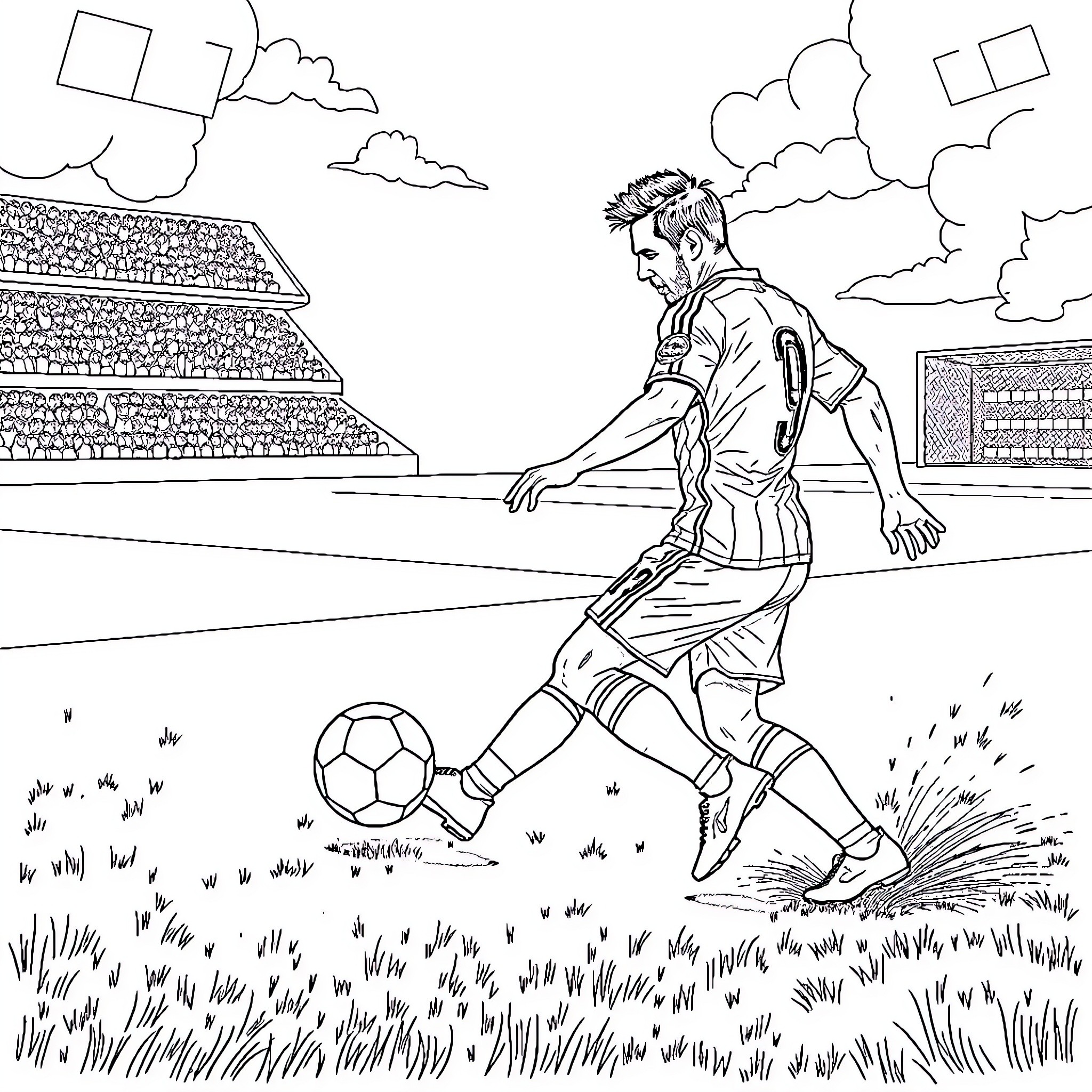 Messi dribbling on the soccer field Coloring Page (free black-and-white line drawing printable PDF for all, from beginners to advanced learners, including children, teens, adults, and seniors)