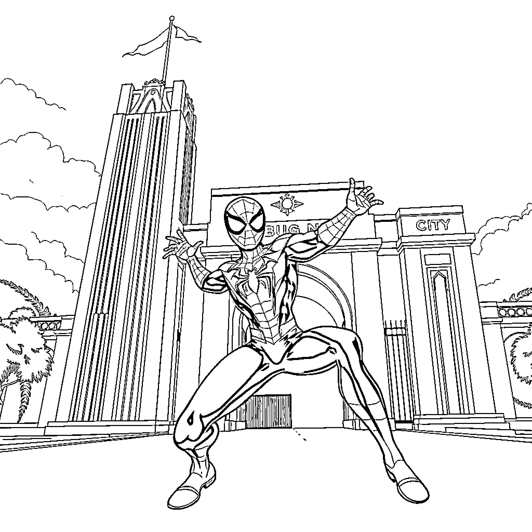 Spiderman swinging through the city skyline Coloring Page (free black-and-white line drawing printable PDF for all, from beginners to advanced learners, including children, teens, adults, and seniors)