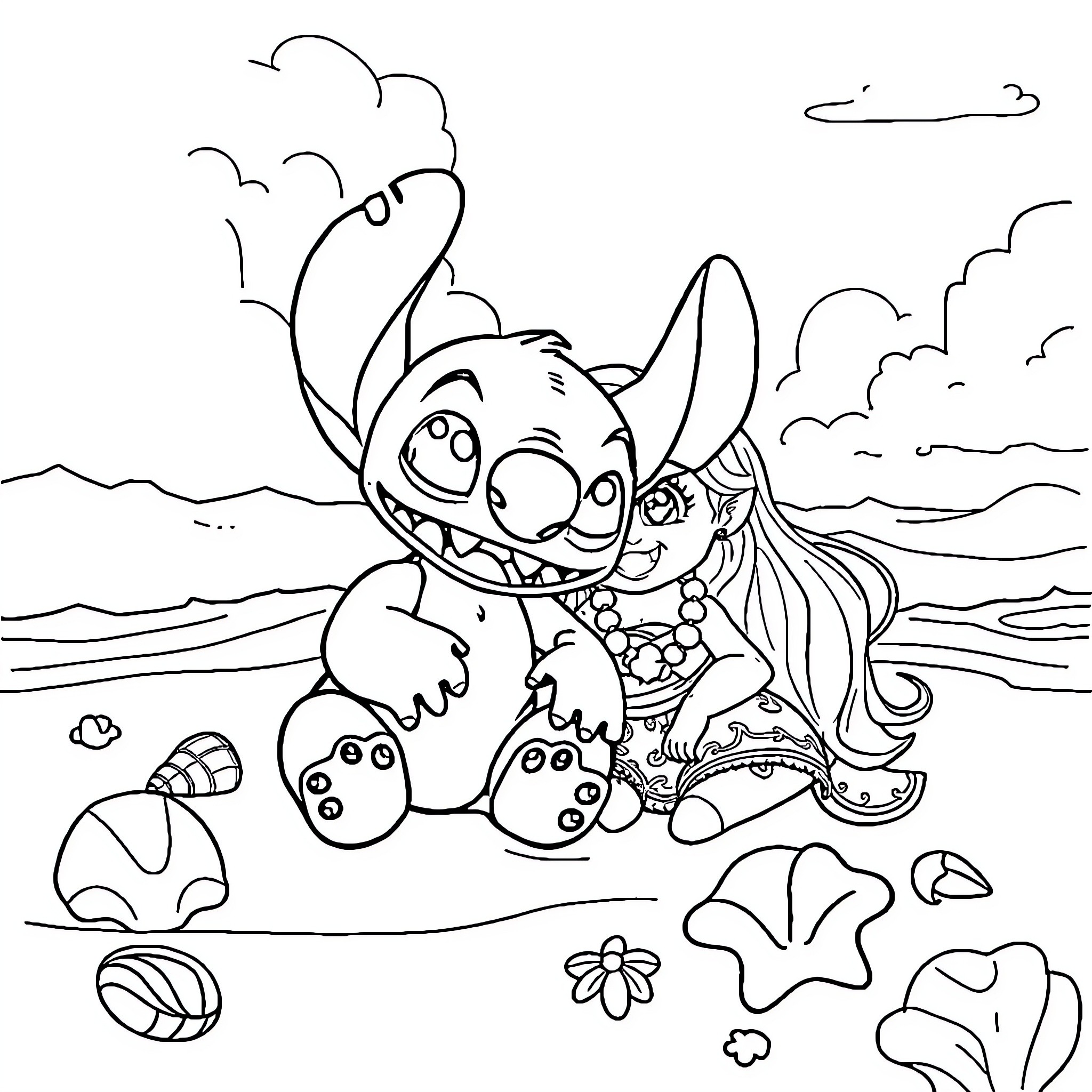 Stitch and Moana playing on the beach Coloring Page (free black-and-white line drawing printable PDF for all, from beginners to advanced learners, including children, teens, adults, and seniors)