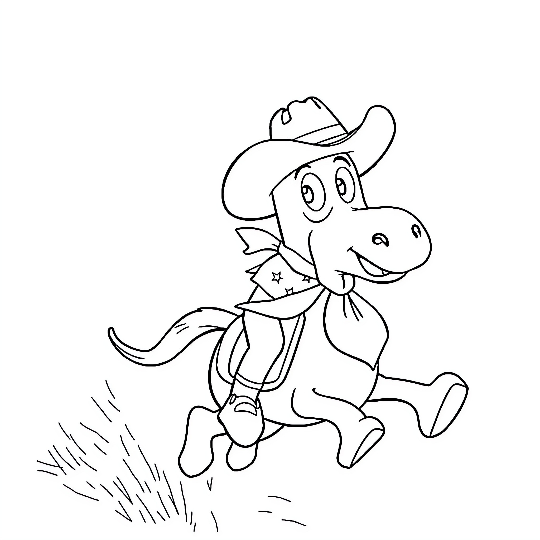 Gumby cowboy character in action pose Coloring Page (free black-and-white line drawing printable PDF for all, from beginners to advanced learners, including children, teens, adults, and seniors)