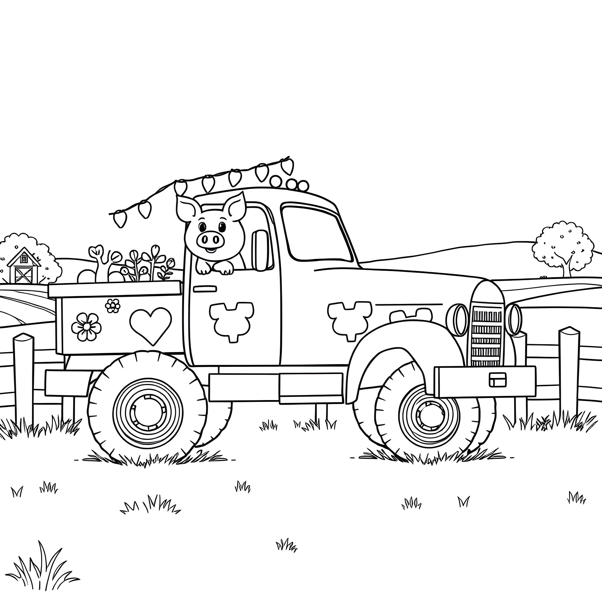 Pig riding a decorated farm truck Coloring Page (free black-and-white line drawing printable PDF for all, from beginners to advanced learners, including children, teens, adults, and seniors)
