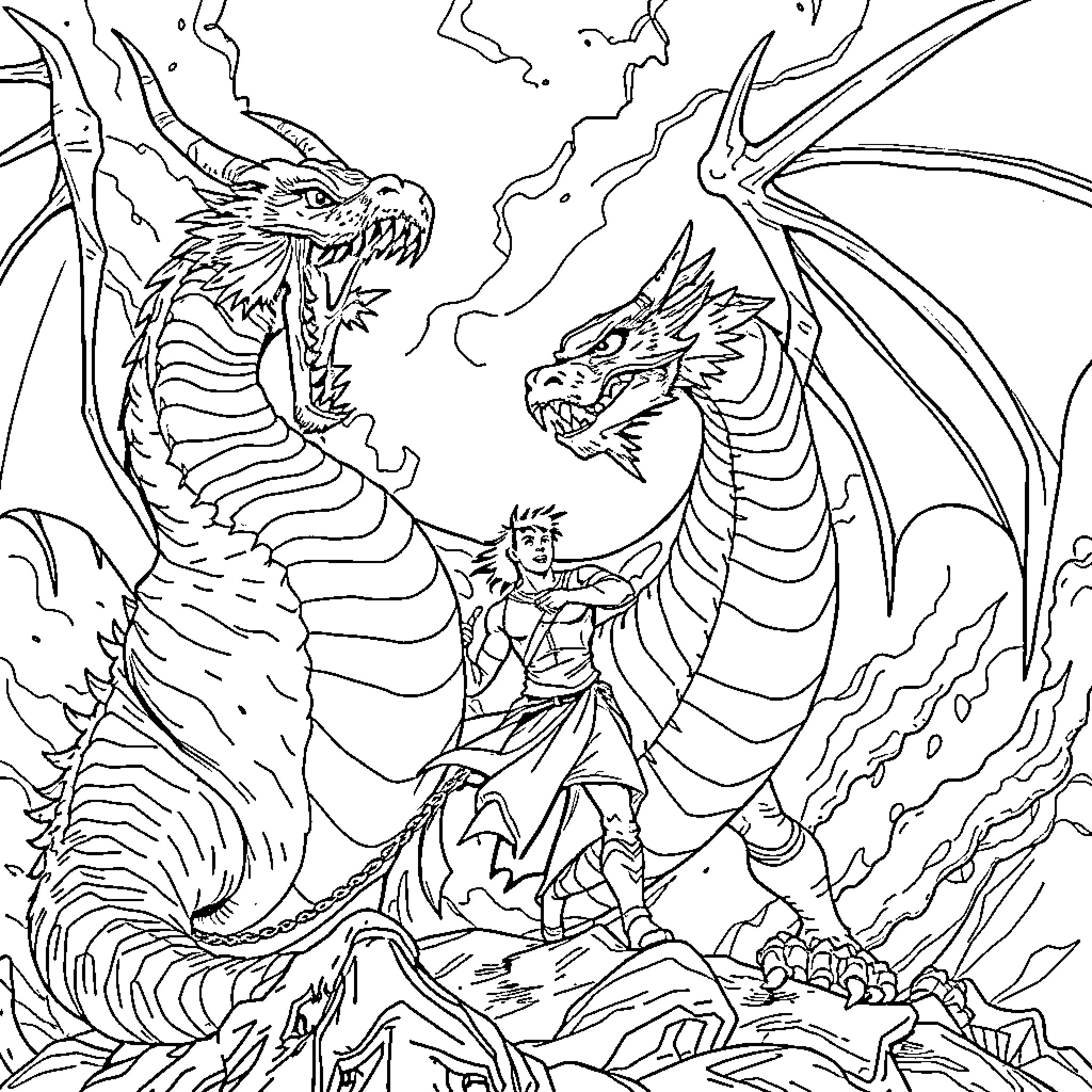 Man facing two ferocious dragons in a fantasy scene Coloring Page (free black-and-white line drawing printable PDF for all, from beginners to advanced learners, including children, teens, adults, and seniors)