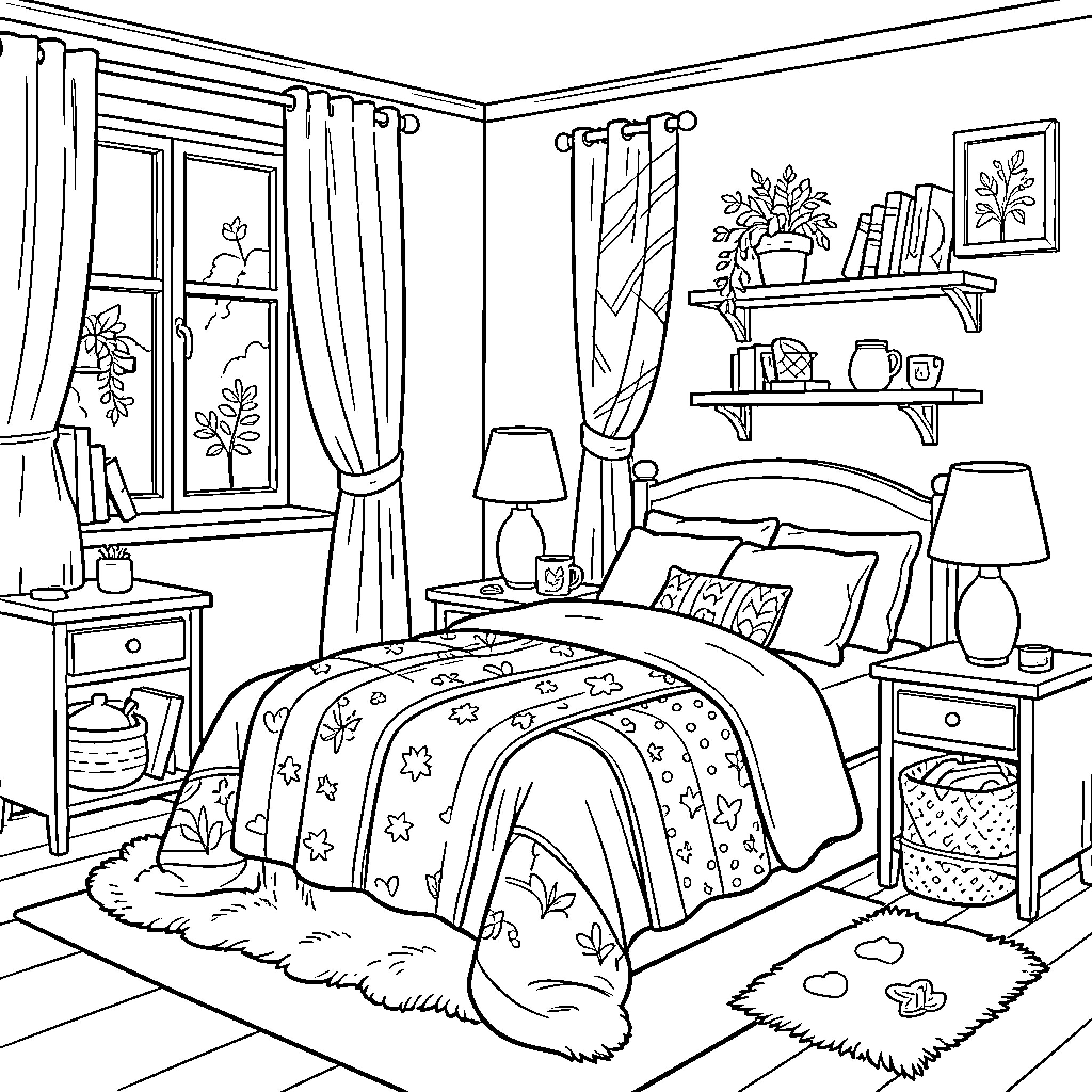 Cozy bedroom scene with a comfortable unmade bed Coloring Page (free black-and-white line drawing printable PDF for all, from beginners to advanced learners, including children, teens, adults, and seniors)