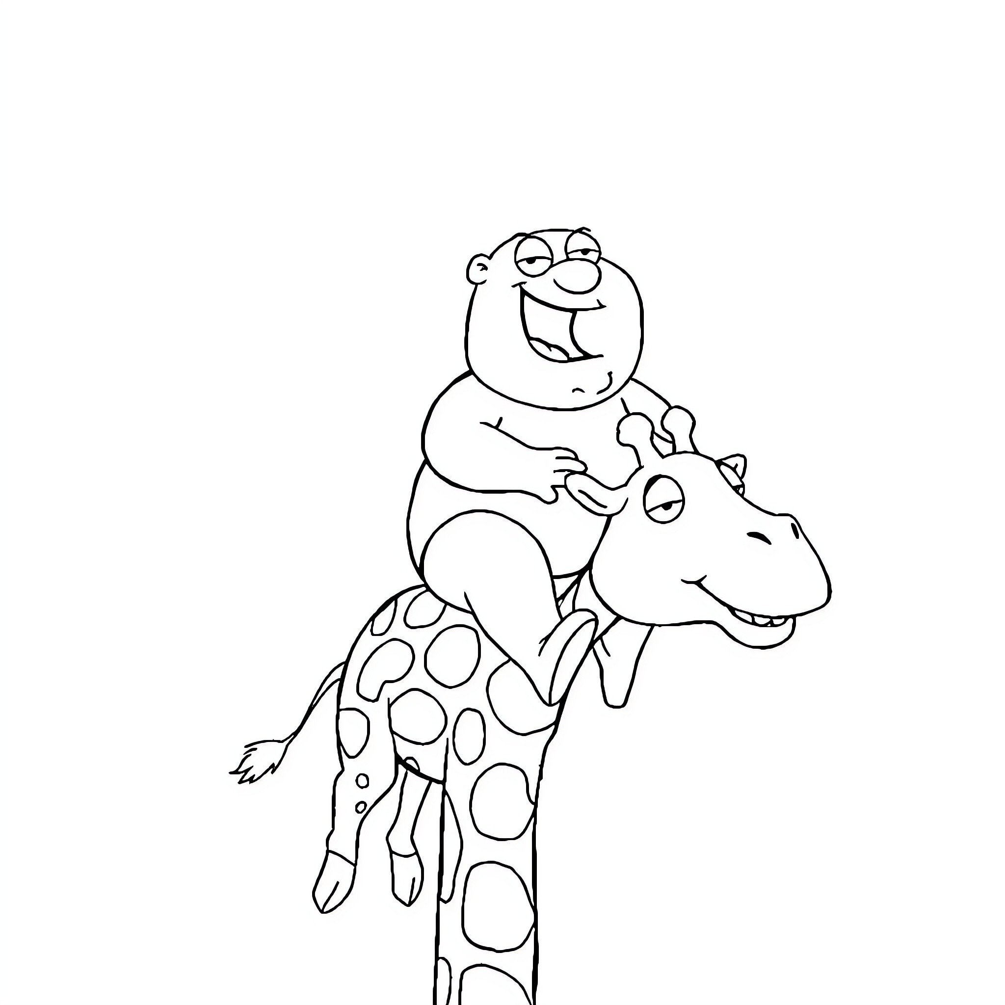 Peter Griffin riding a joyful spotted giraffe Coloring Page (free black-and-white line drawing printable PDF for all, from beginners to advanced learners, including children, teens, adults, and seniors)