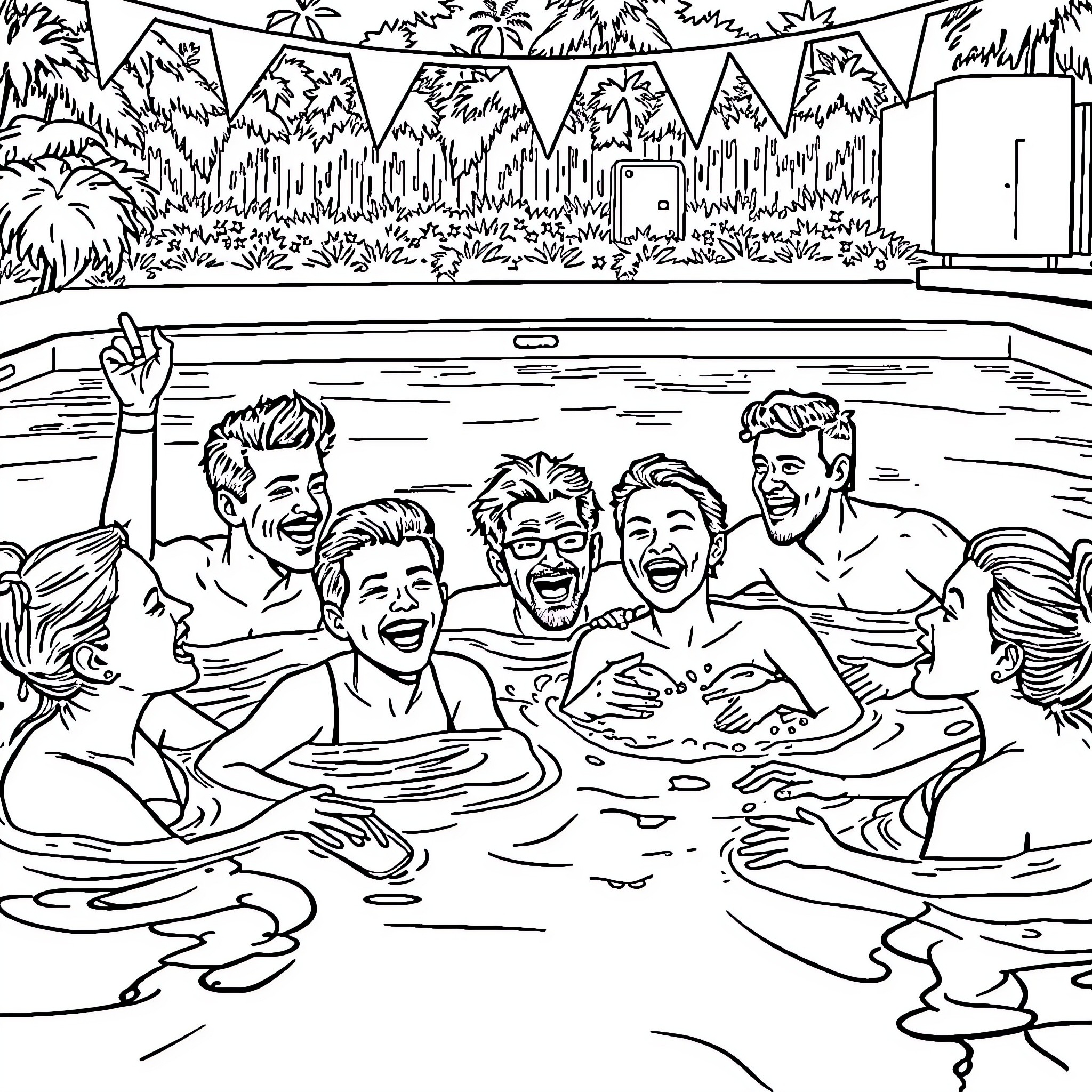 Adult group enjoying pool party in tropical setting Coloring Page (free black-and-white line drawing printable PDF for all, from beginners to advanced learners, including children, teens, adults, and seniors)
