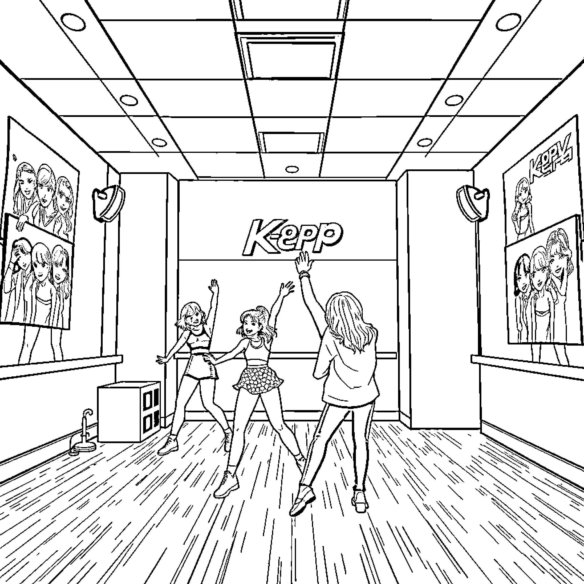 Kpop girls dancing energetically on stage Coloring Page (free black-and-white line drawing printable PDF for all, from beginners to advanced learners, including children, teens, adults, and seniors)