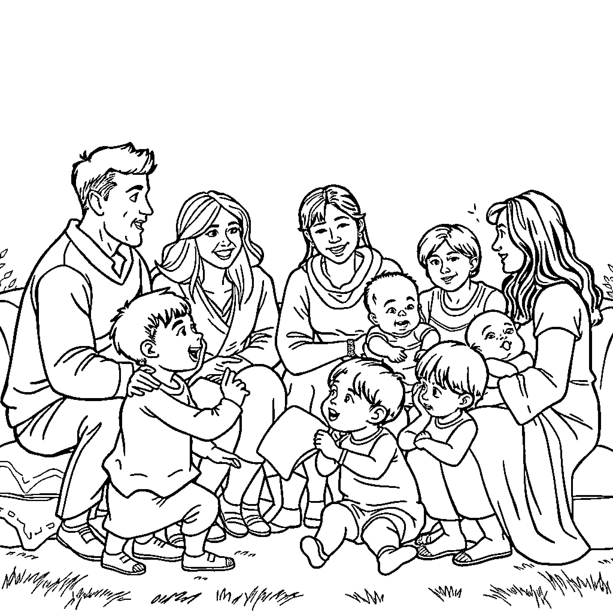 Family Bonding in the Outdoors Coloring Page (free black-and-white line drawing printable PDF for all, from beginners to advanced learners, including children, teens, adults, and seniors)