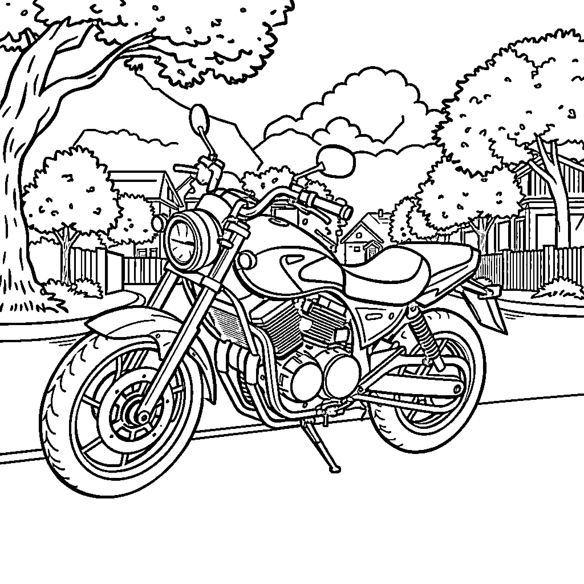 Motorcycle speeding through a rural landscape Coloring Page (free black-and-white line drawing printable PDF for all, from beginners to advanced learners, including children, teens, adults, and seniors)