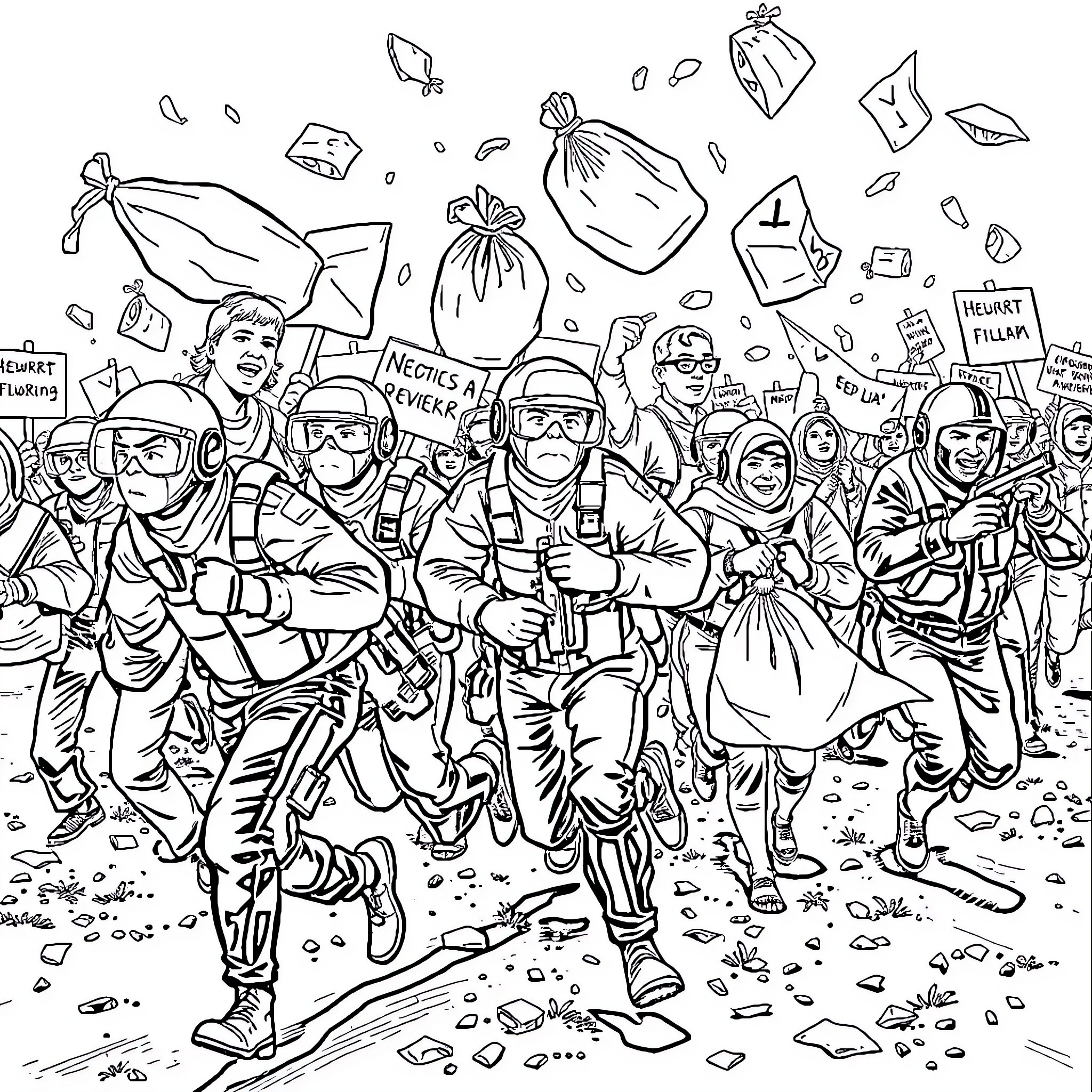 Agent protesters united for change Coloring Page (free black-and-white line drawing printable PDF for all, from beginners to advanced learners, including children, teens, adults, and seniors)