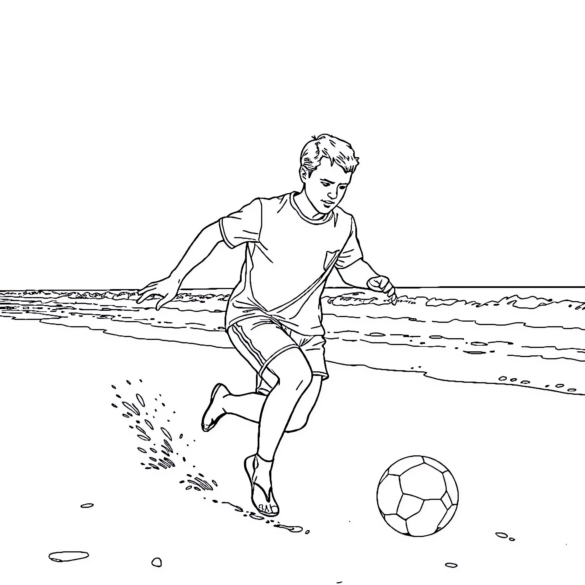 Macron Playing Soccer on the Beach Coloring Page (free black-and-white line drawing printable PDF for all, from beginners to advanced learners, including children, teens, adults, and seniors)