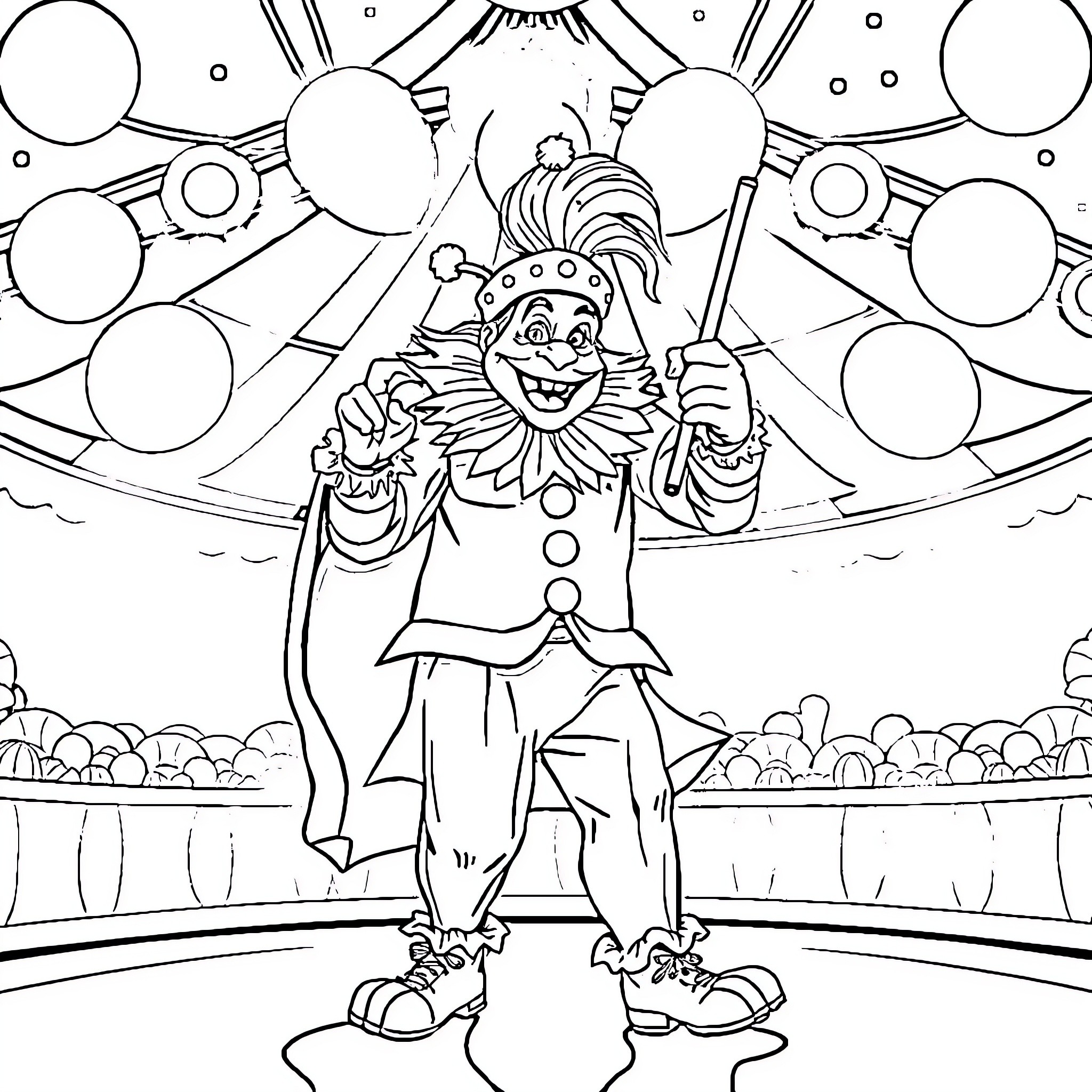 Clown performing with cheerful expression on stage Coloring Page (free black-and-white line drawing printable PDF for all, from beginners to advanced learners, including children, teens, adults, and seniors)
