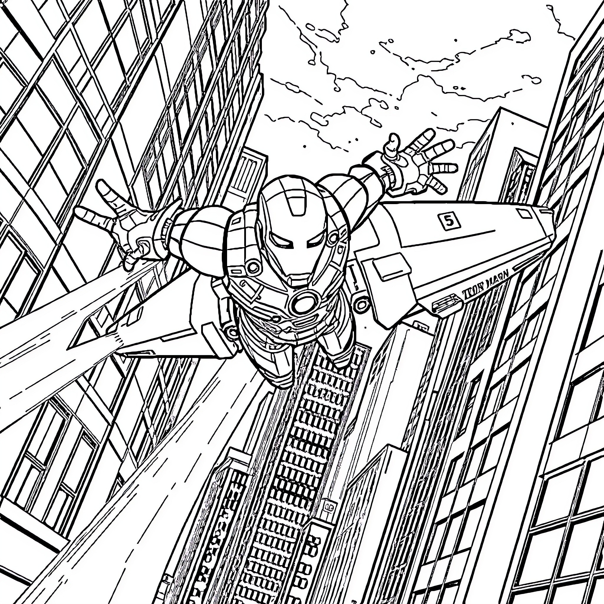 Iron Man heroically soaring through the city skyline Coloring Page (free black-and-white line drawing printable PDF for all, from beginners to advanced learners, including children, teens, adults, and seniors)