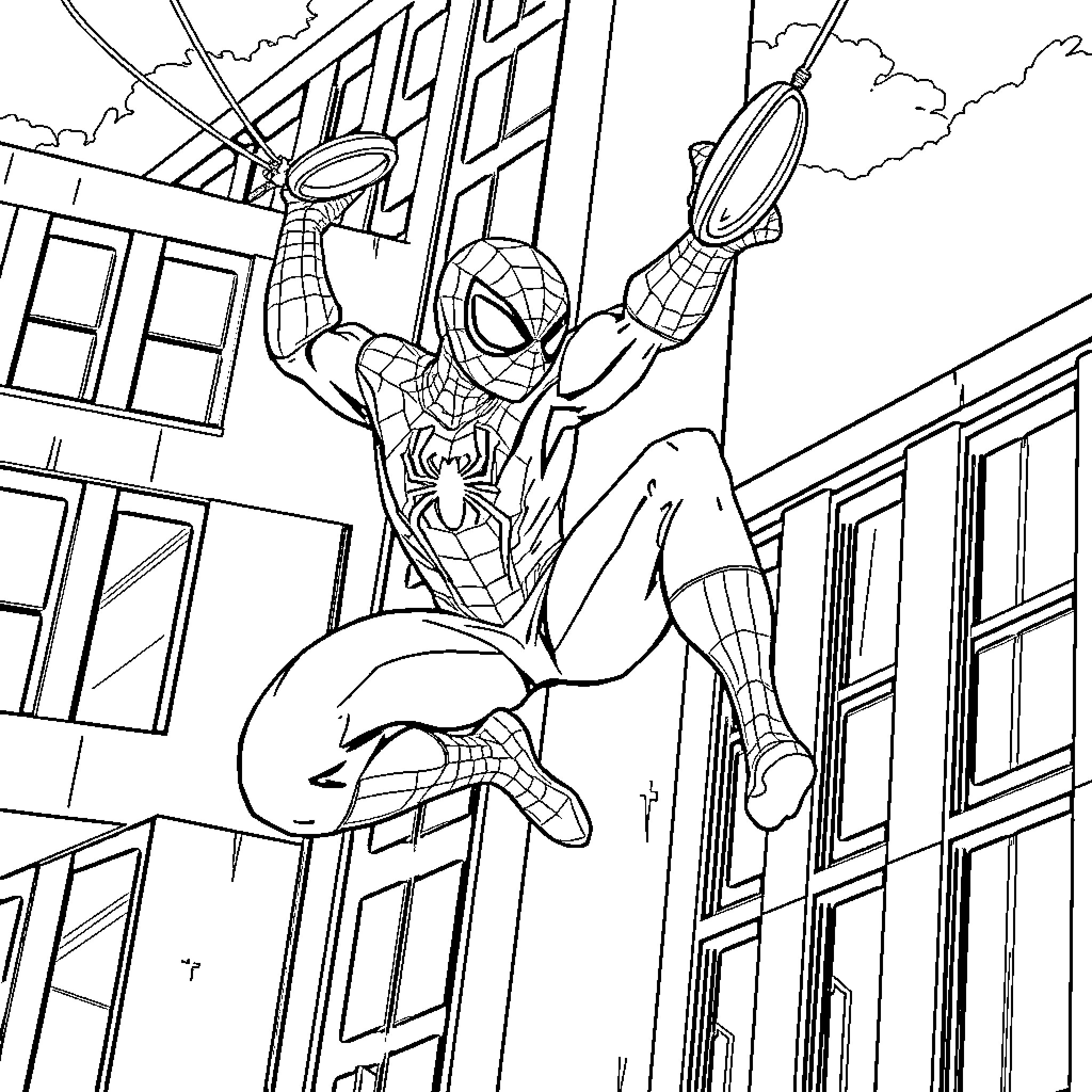 Spider-Man swinging heroically through the city skyline Coloring Page (free black-and-white line drawing printable PDF for all, from beginners to advanced learners, including children, teens, adults, and seniors)