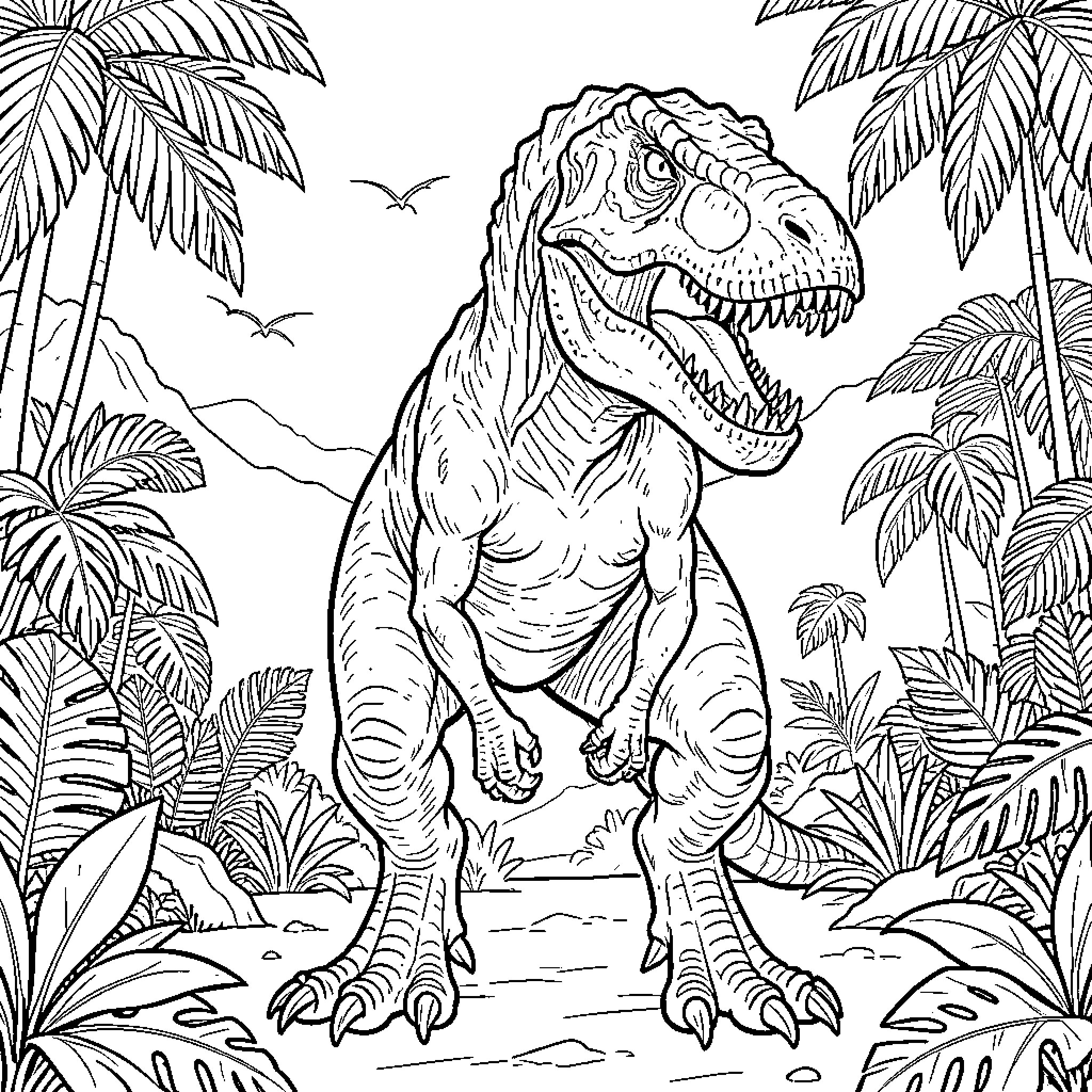 Indominus Rex roaring amidst a lush tropical jungle Coloring Page (free black-and-white line drawing printable PDF for all, from beginners to advanced learners, including children, teens, adults, and seniors)