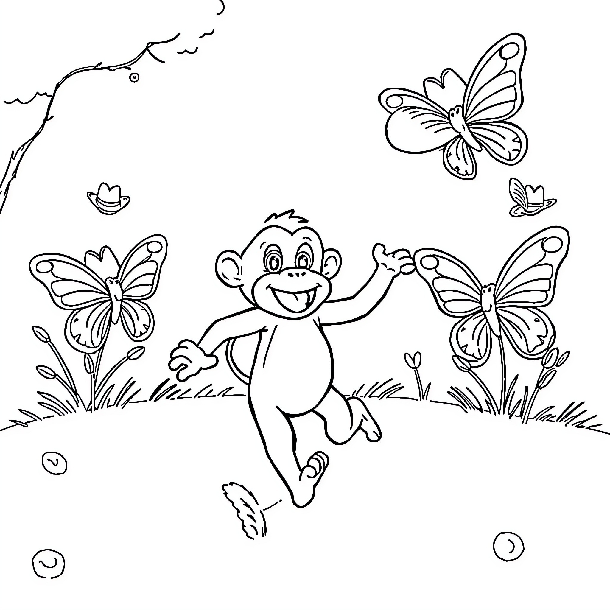 Monkey chasing butterflies in the garden Coloring Page (free black-and-white line drawing printable PDF for all, from beginners to advanced learners, including children, teens, adults, and seniors)