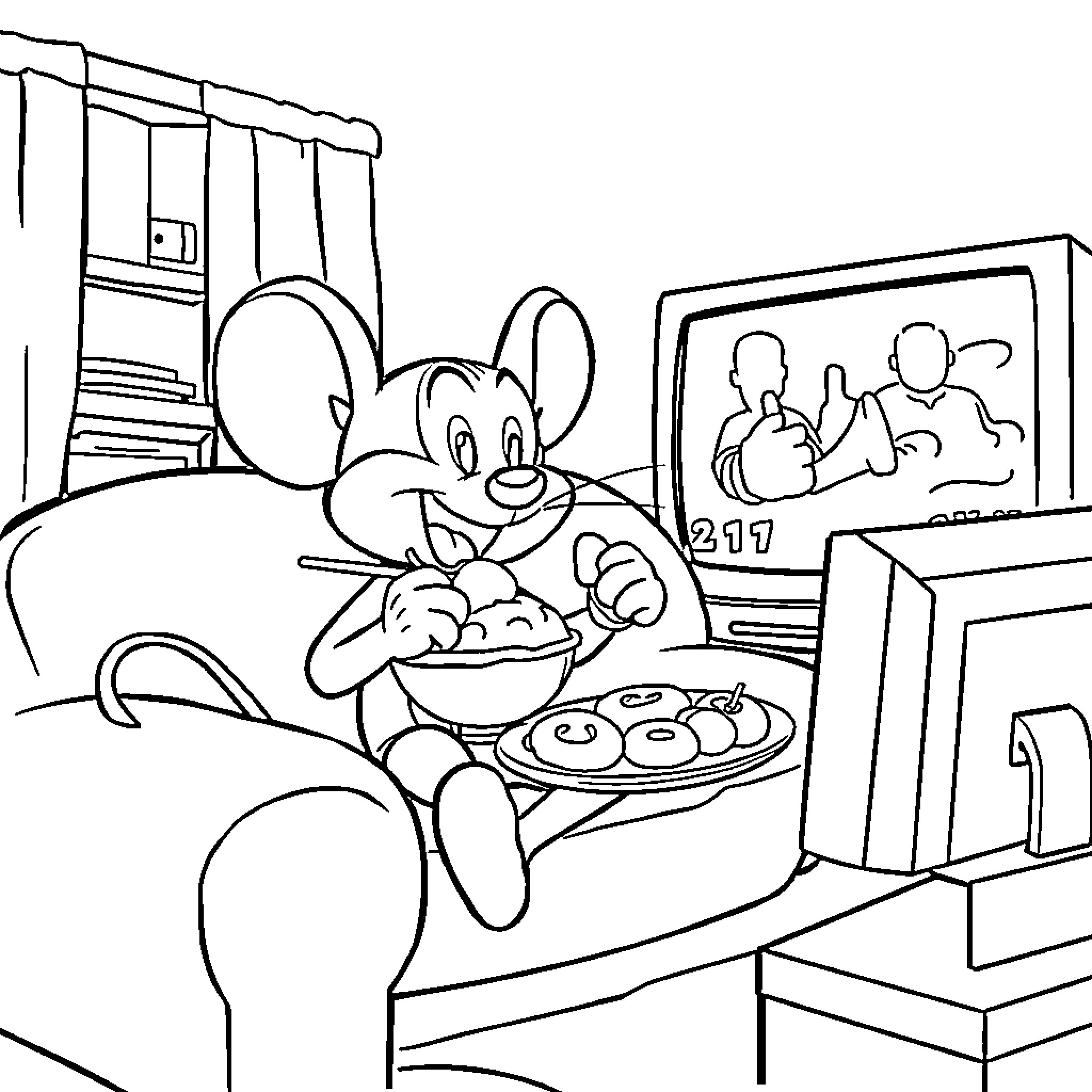 Mighty Mouse enjoying a snack while watching TV Coloring Page (free black-and-white line drawing printable PDF for all, from beginners to advanced learners, including children, teens, adults, and seniors)