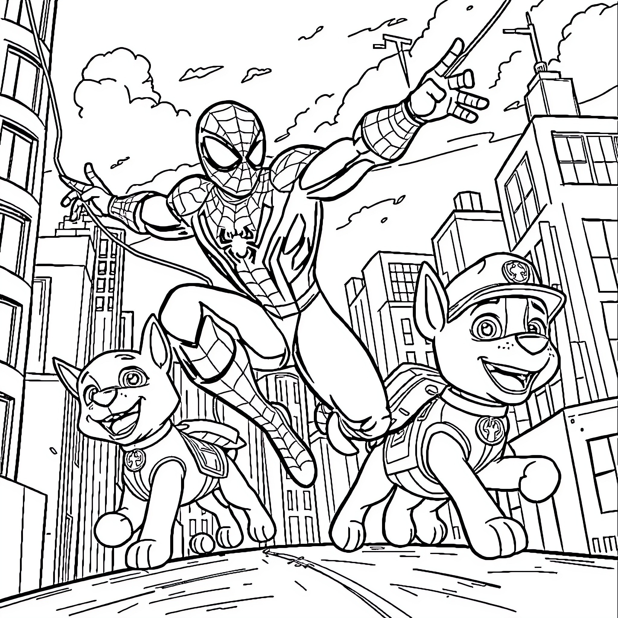 Spiderman swinging through the city with Paw Patrol pups Coloring Page (free black-and-white line drawing printable PDF for all, from beginners to advanced learners, including children, teens, adults, and seniors)