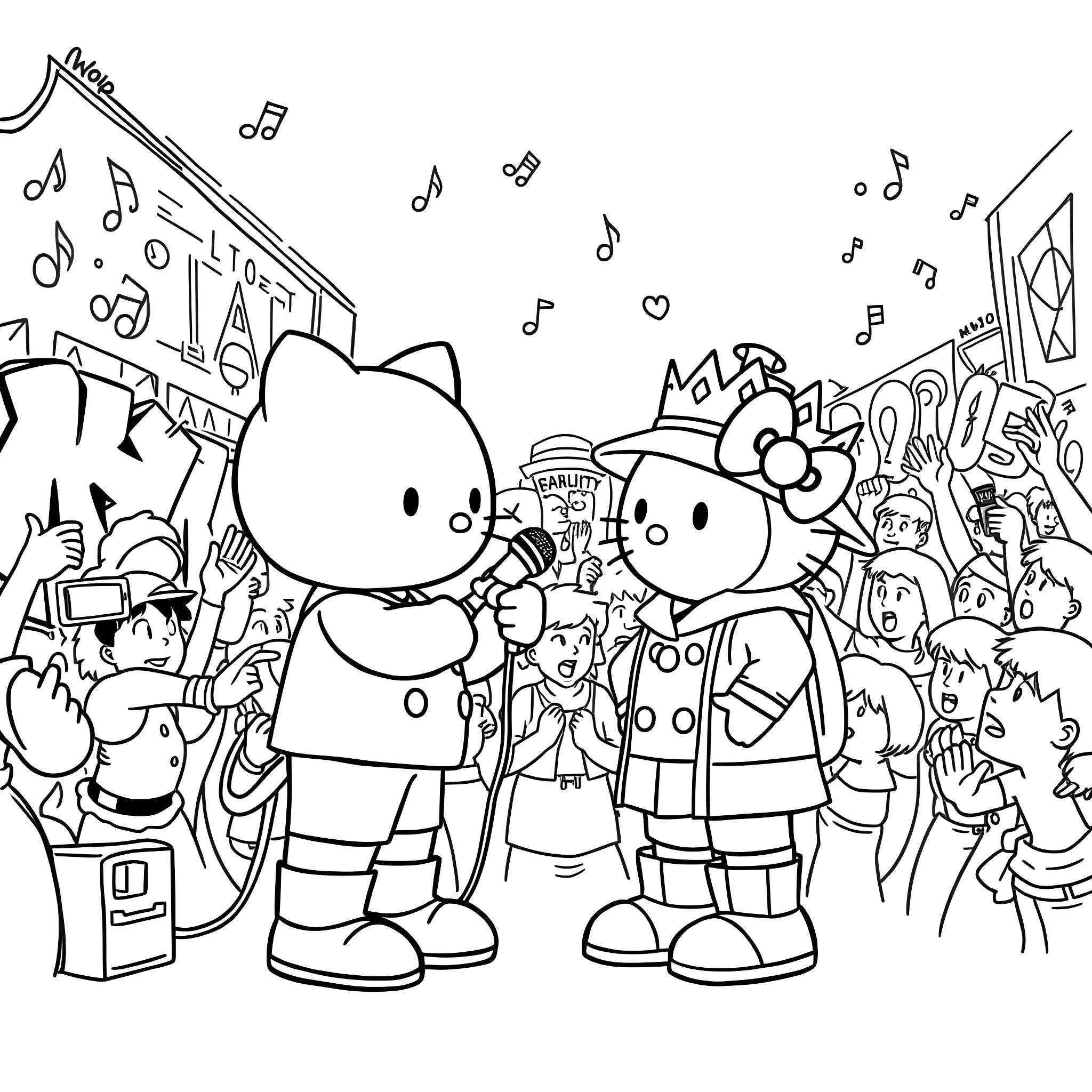 Hello Kitty and Friends Performing on Stage Coloring Page (free black-and-white line drawing printable PDF for all, from beginners to advanced learners, including children, teens, adults, and seniors)
