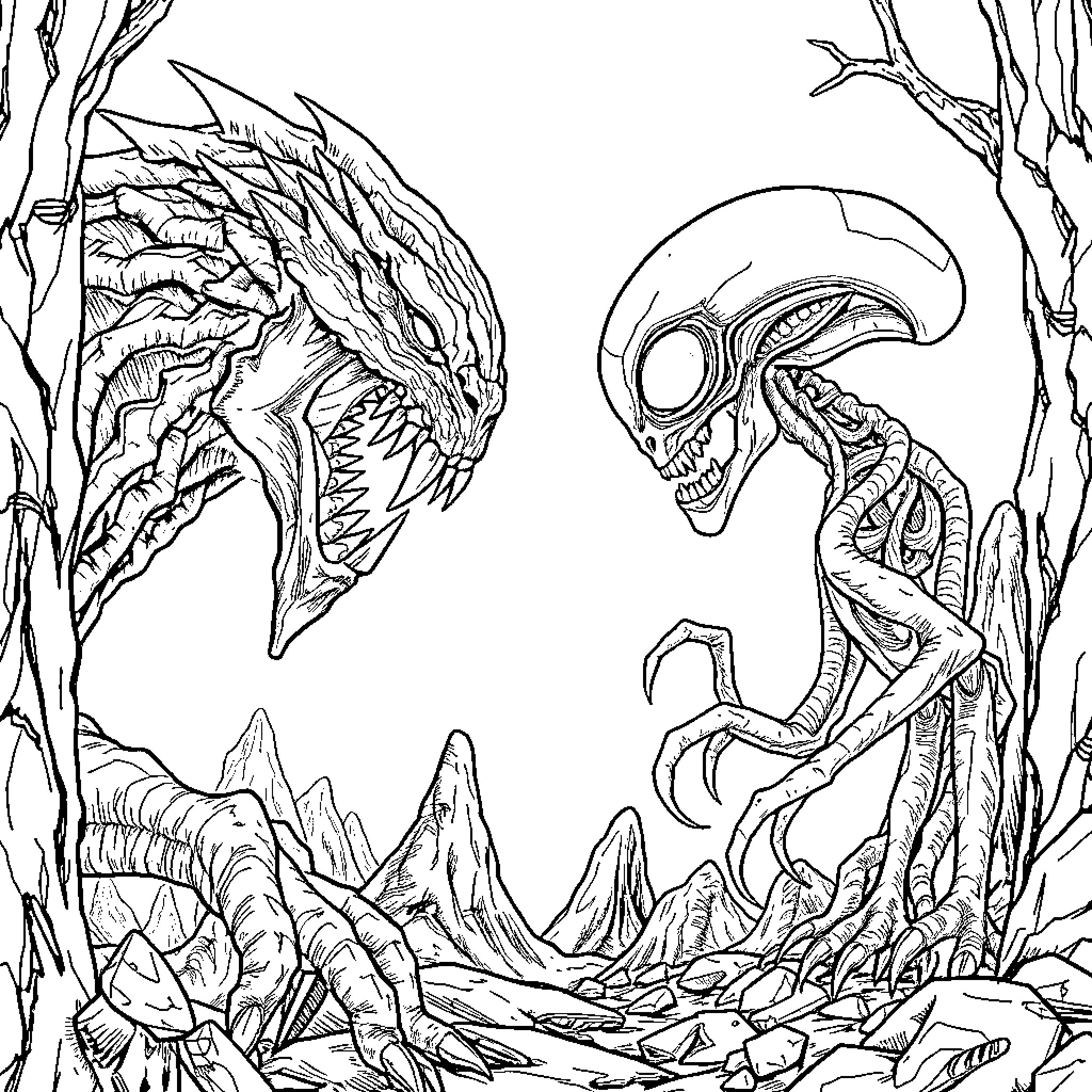 Predator creatures in a fantastical landscape Coloring Page (free black-and-white line drawing printable PDF for all, from beginners to advanced learners, including children, teens, adults, and seniors)