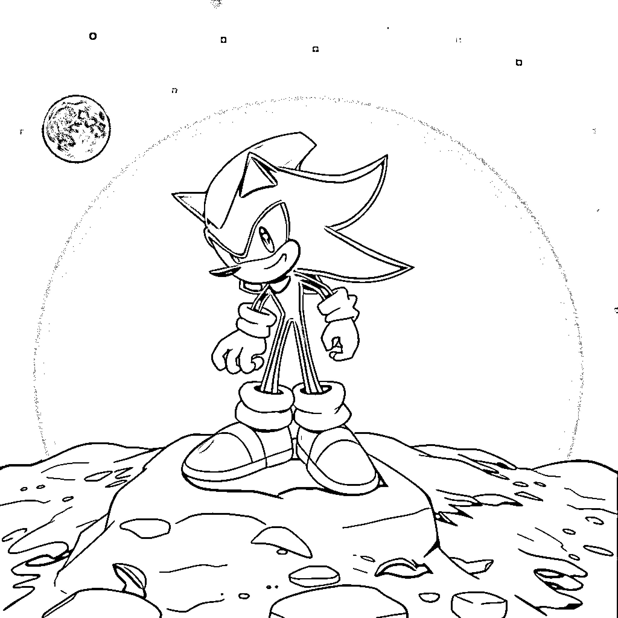 Shadow Sonic the Hedgehog on a rocky terrain Coloring Page (free black-and-white line drawing printable PDF for all, from beginners to advanced learners, including children, teens, adults, and seniors)