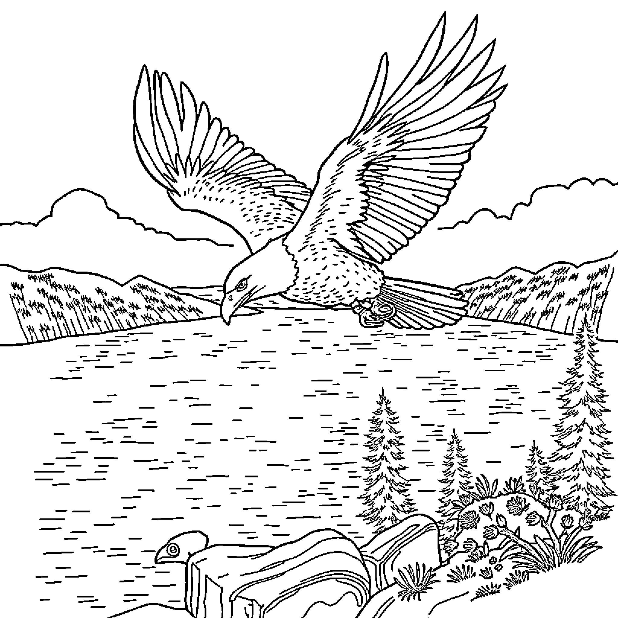 Eagle Soaring Majestically Over Scenic Landscape Coloring Page (free black-and-white line drawing printable PDF for all, from beginners to advanced learners, including children, teens, adults, and seniors)