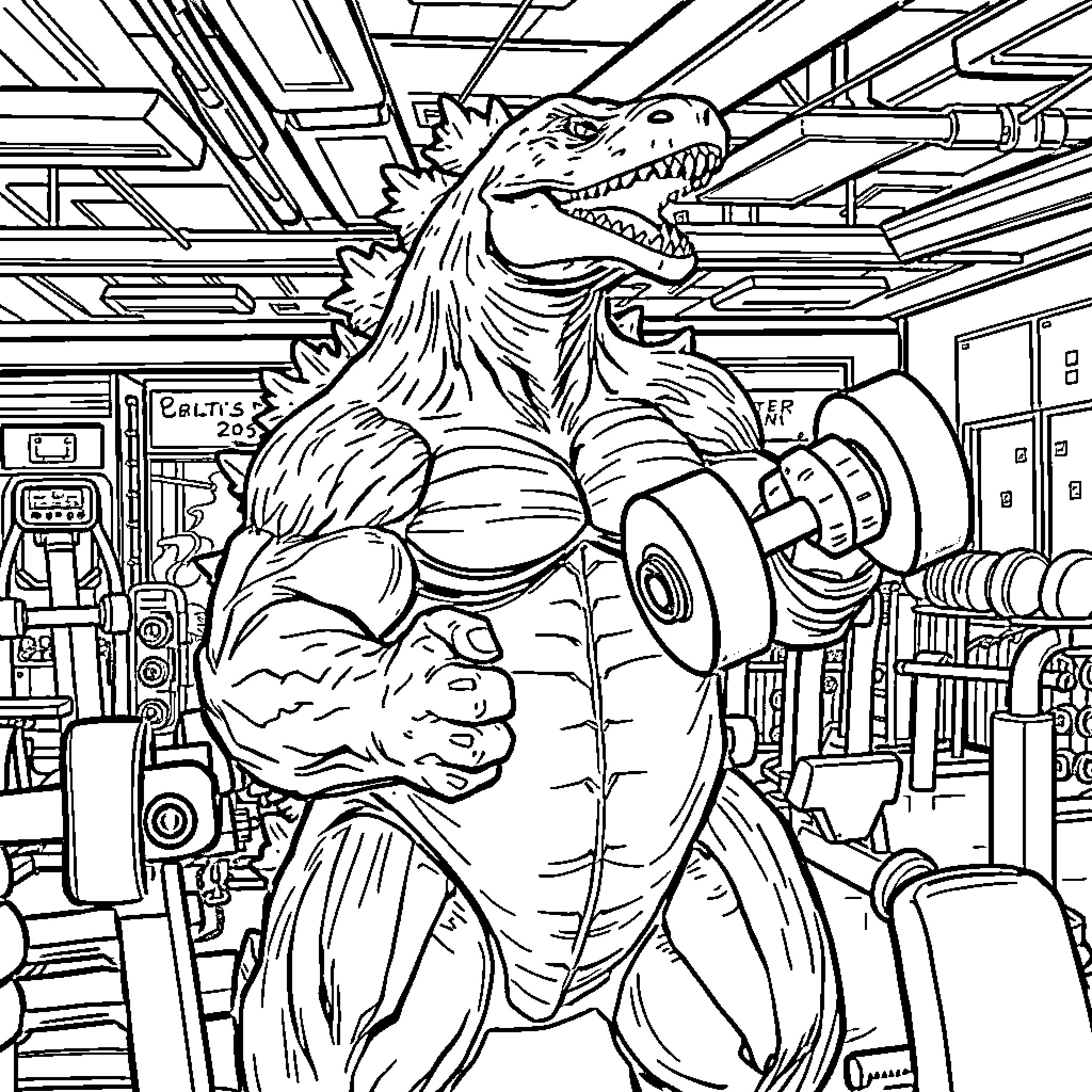 Godzilla Flexing Muscles in Futuristic Laboratory Coloring Page (free black-and-white line drawing printable PDF for all, from beginners to advanced learners, including children, teens, adults, and seniors)