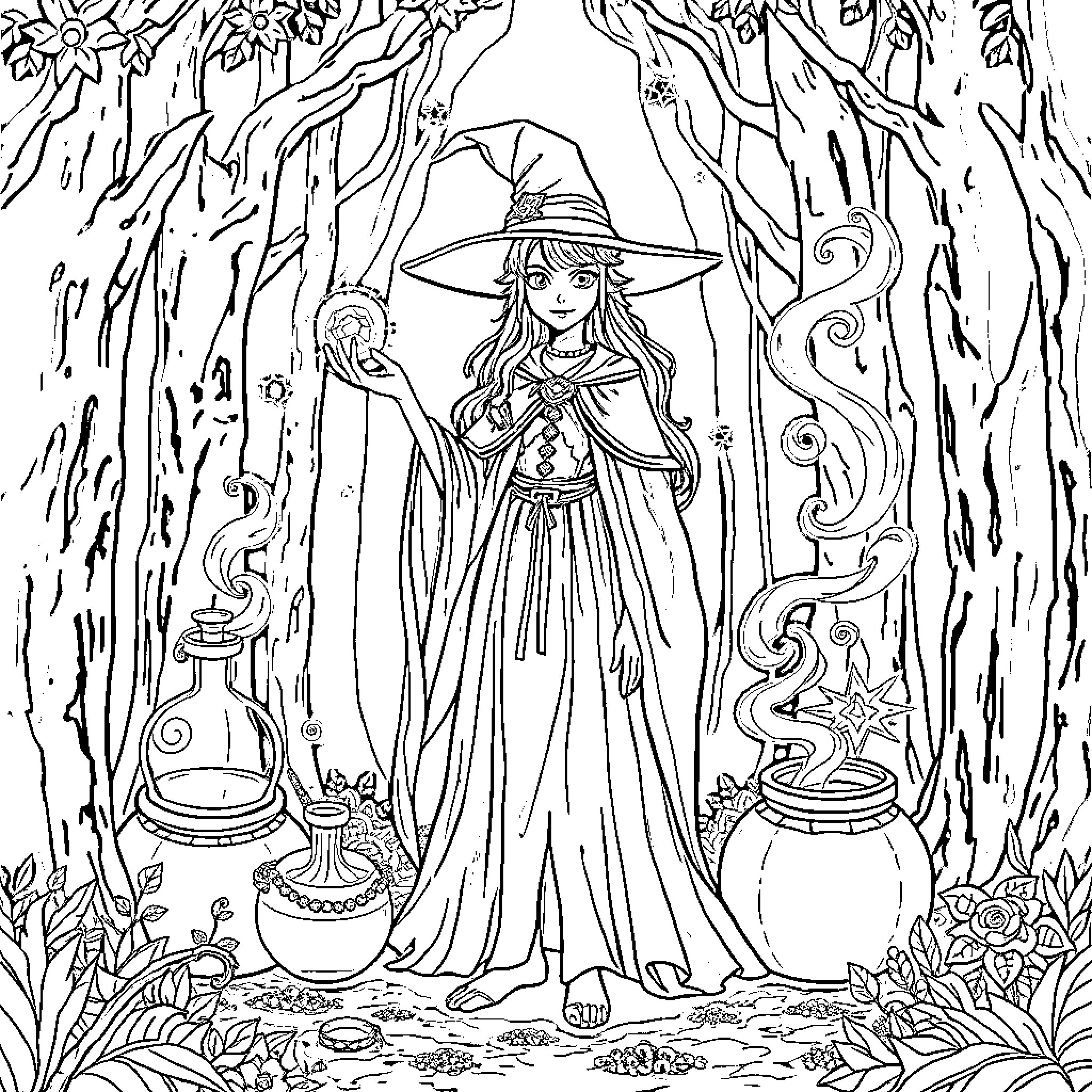 Witch in the enchanted forest Coloring Page (free black-and-white line drawing printable PDF for all, from beginners to advanced learners, including children, teens, adults, and seniors)