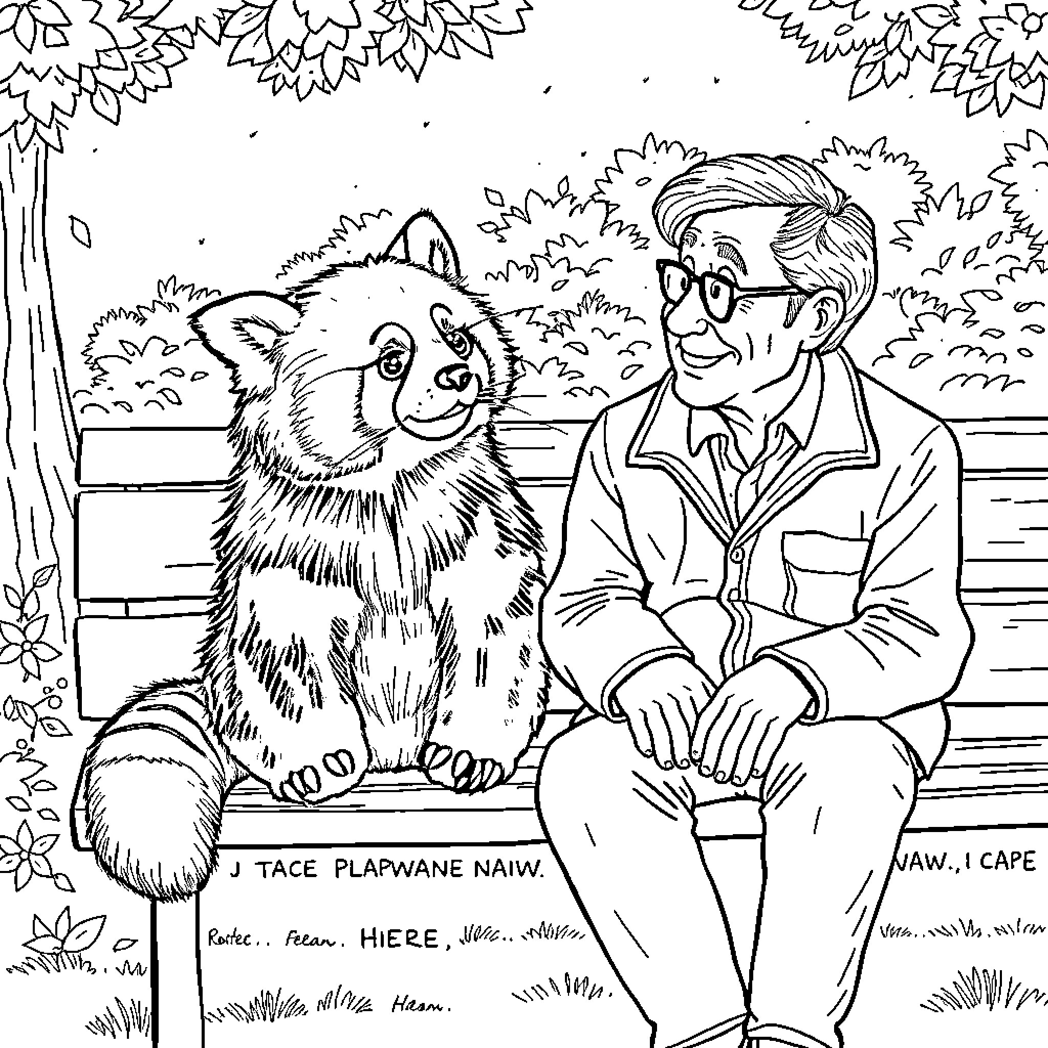 Panda and the Kind Man on the Bench Coloring Page (free black-and-white line drawing printable PDF for all, from beginners to advanced learners, including children, teens, adults, and seniors)