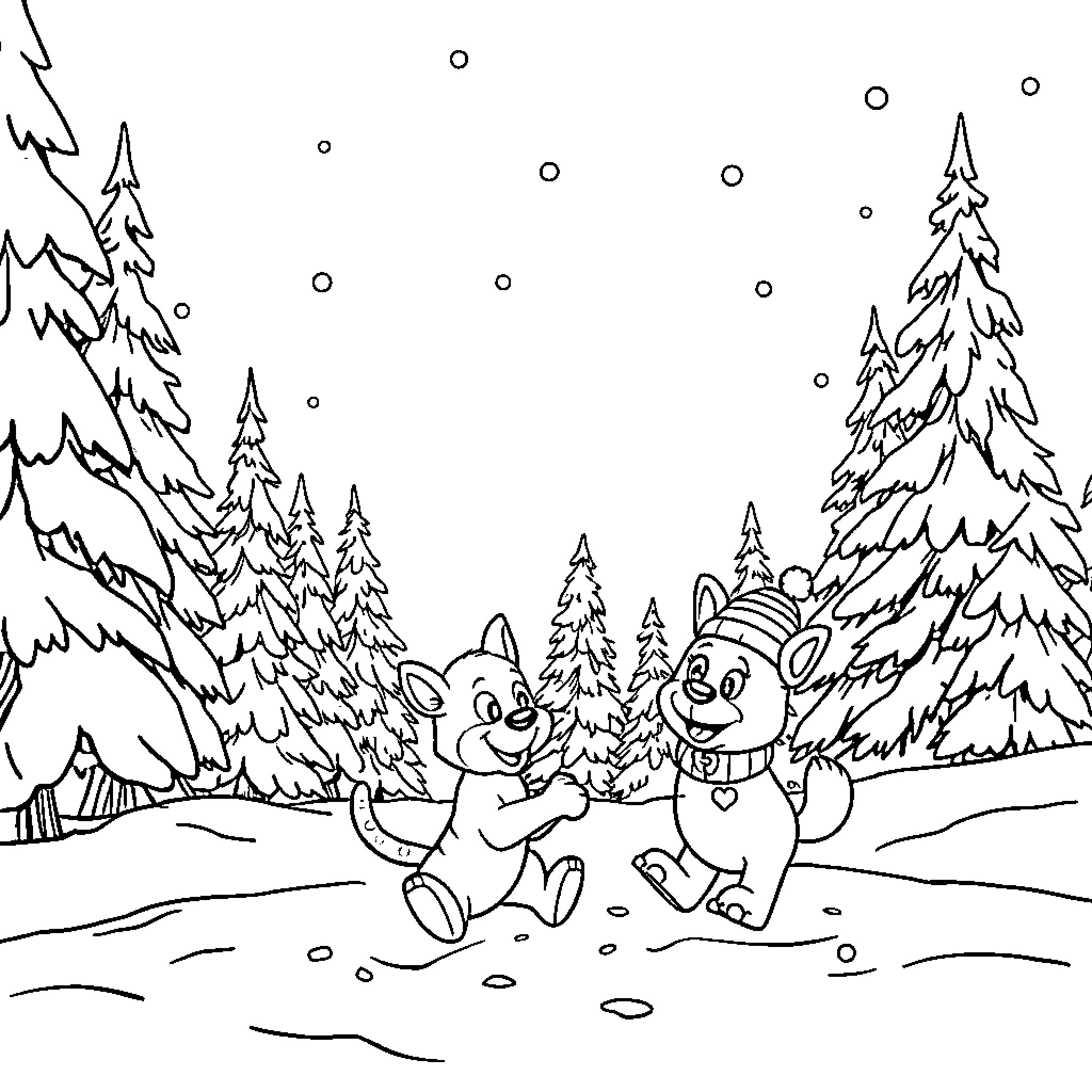Bluey's winter adventure with friends in the snowy forest Coloring Page (free black-and-white line drawing printable PDF for all, from beginners to advanced learners, including children, teens, adults, and seniors)