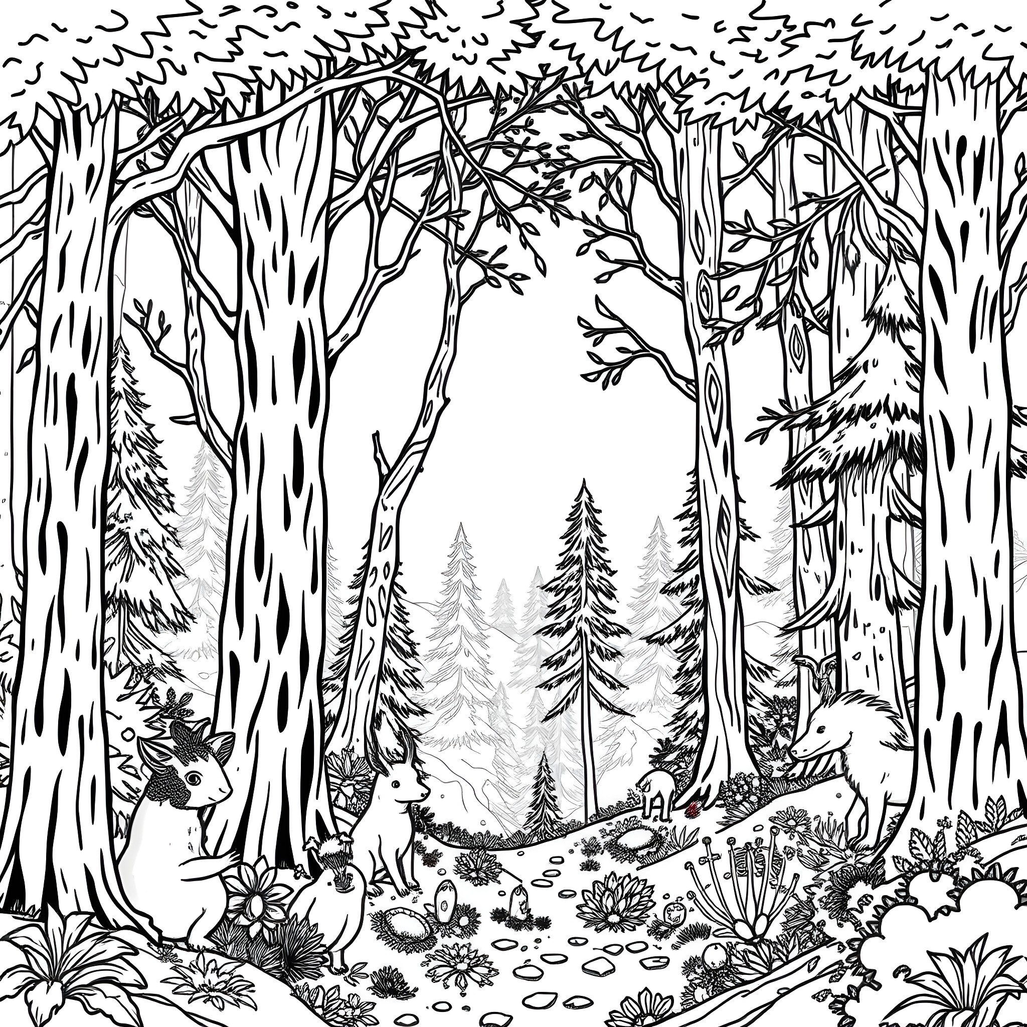 Forest Scene with Woodland Creatures Coloring Page (free black-and-white line drawing printable PDF for all, from beginners to advanced learners, including children, teens, adults, and seniors)