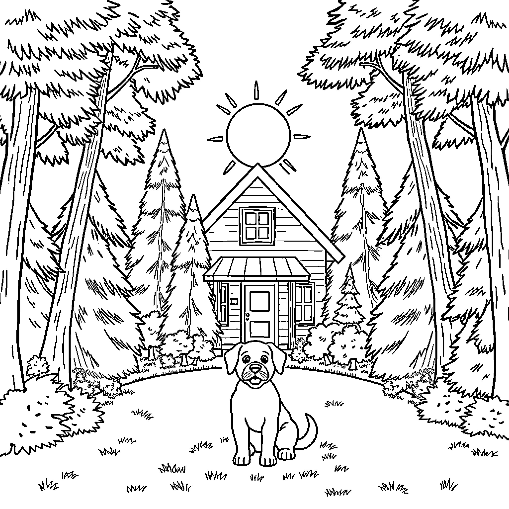 Dog exploring the forest cabin scene Coloring Page (free black-and-white line drawing printable PDF for all, from beginners to advanced learners, including children, teens, adults, and seniors)