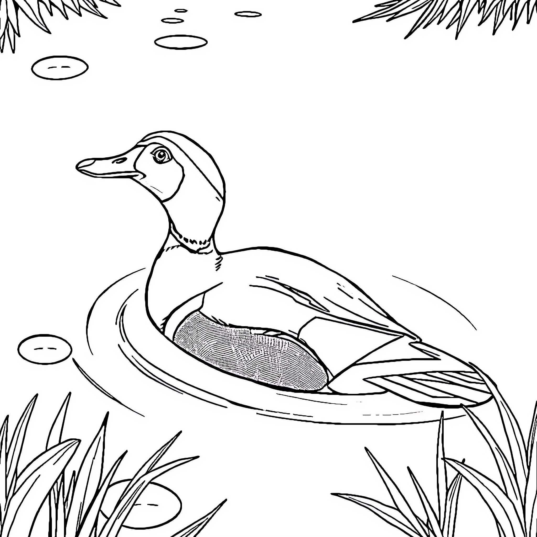 Duck swimming gracefully in the pond Coloring Page (free black-and-white line drawing printable PDF for all, from beginners to advanced learners, including children, teens, adults, and seniors)