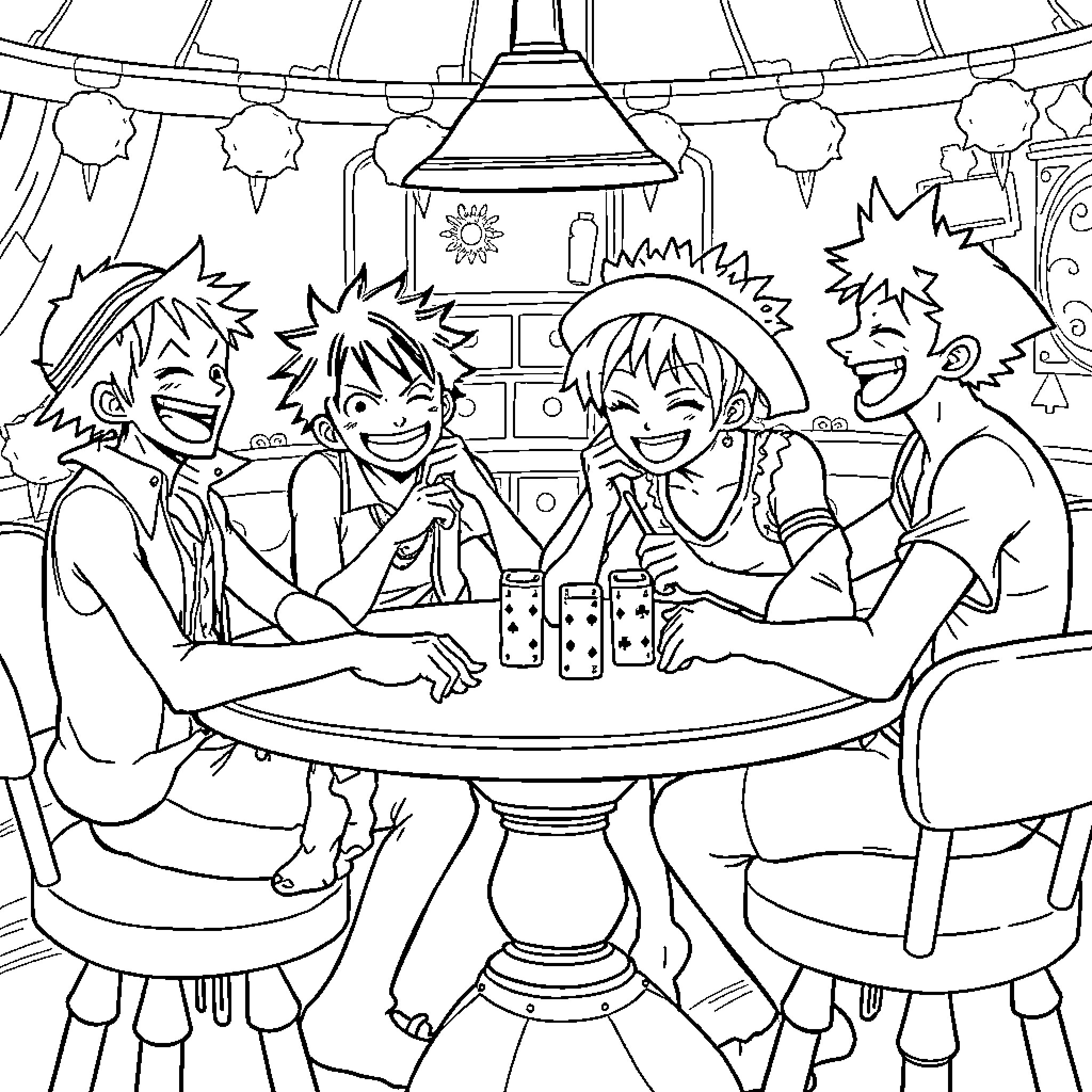 Character Enjoying Lively Gathering with Friends Coloring Page (free black-and-white line drawing printable PDF for all, from beginners to advanced learners, including children, teens, adults, and seniors)