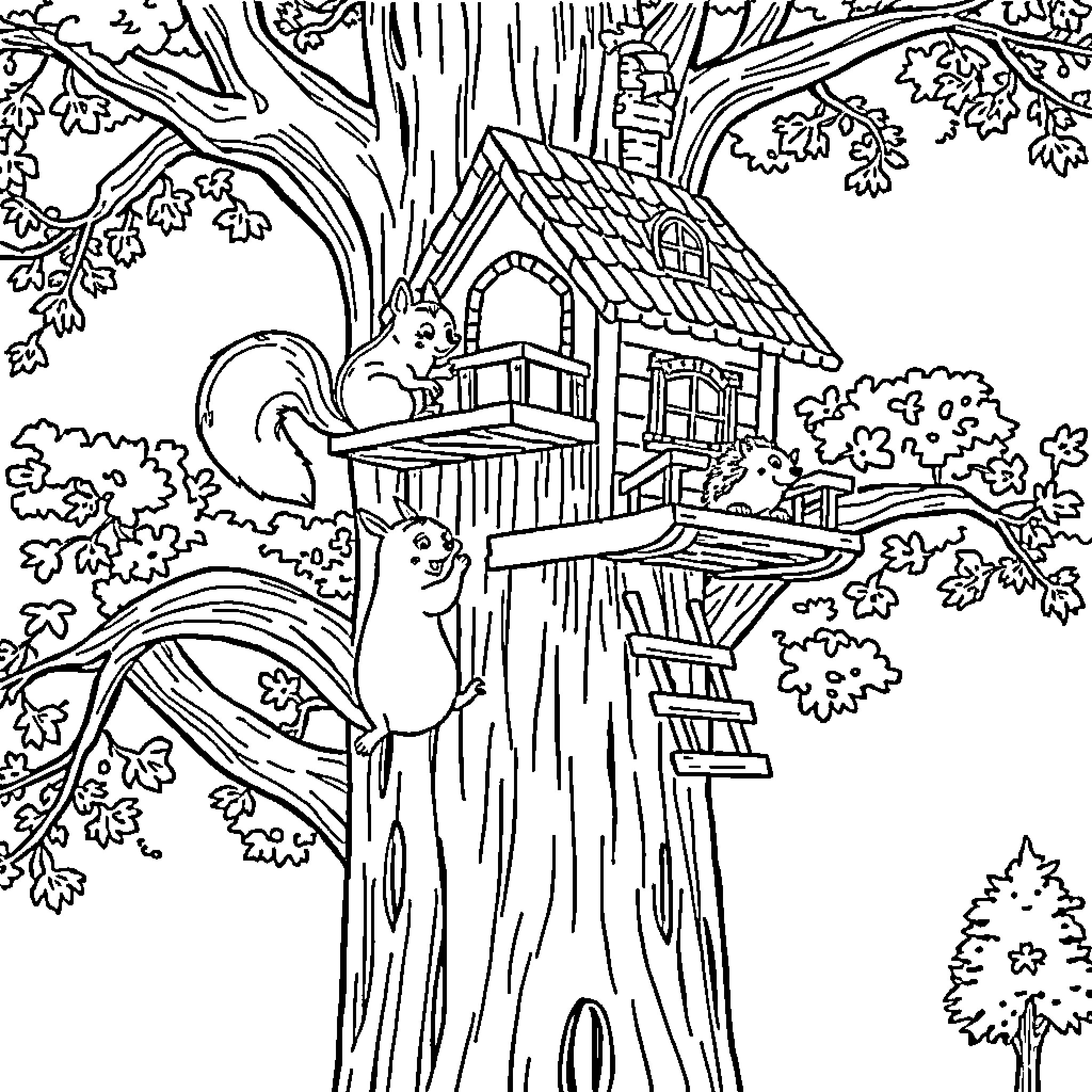 Squirrels relaxing in a cozy treehouse Coloring Page (free black-and-white line drawing printable PDF for all, from beginners to advanced learners, including children, teens, adults, and seniors)