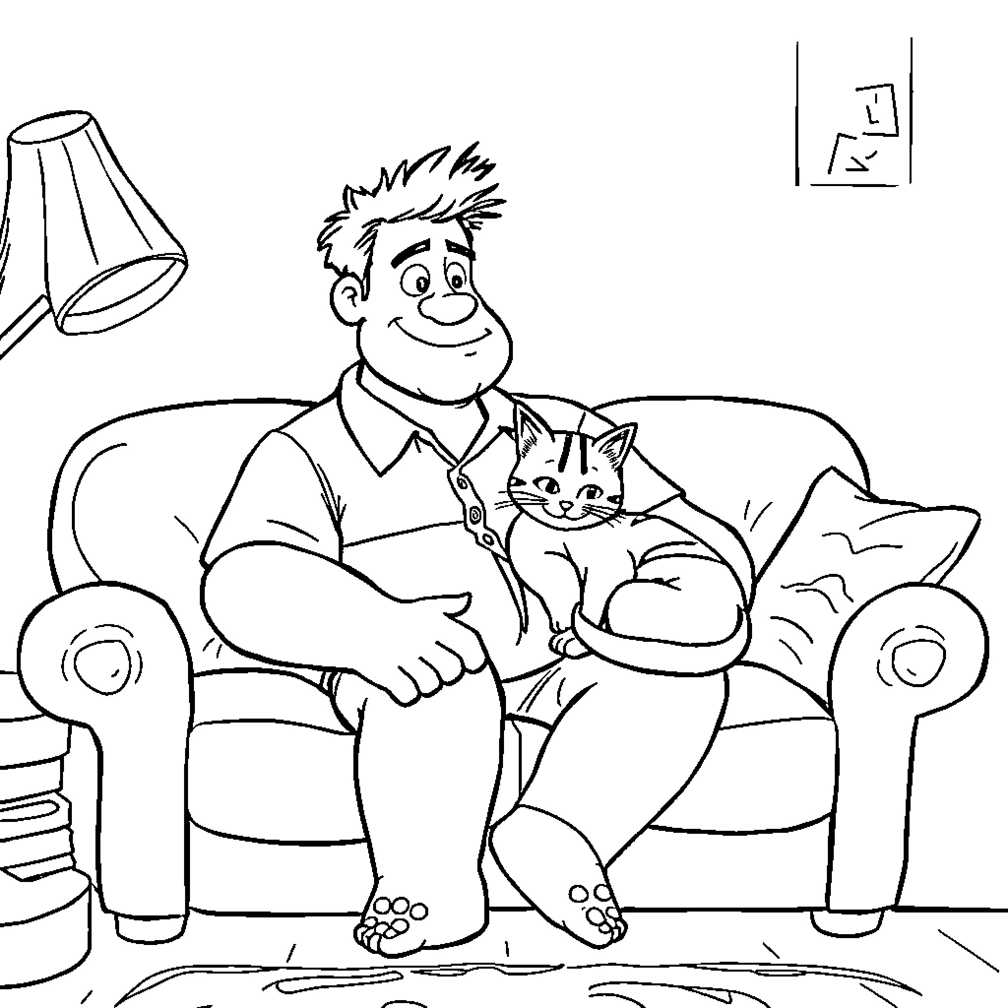 Cat relaxing with a happy owner on the couch Coloring Page (free black-and-white line drawing printable PDF for all, from beginners to advanced learners, including children, teens, adults, and seniors)