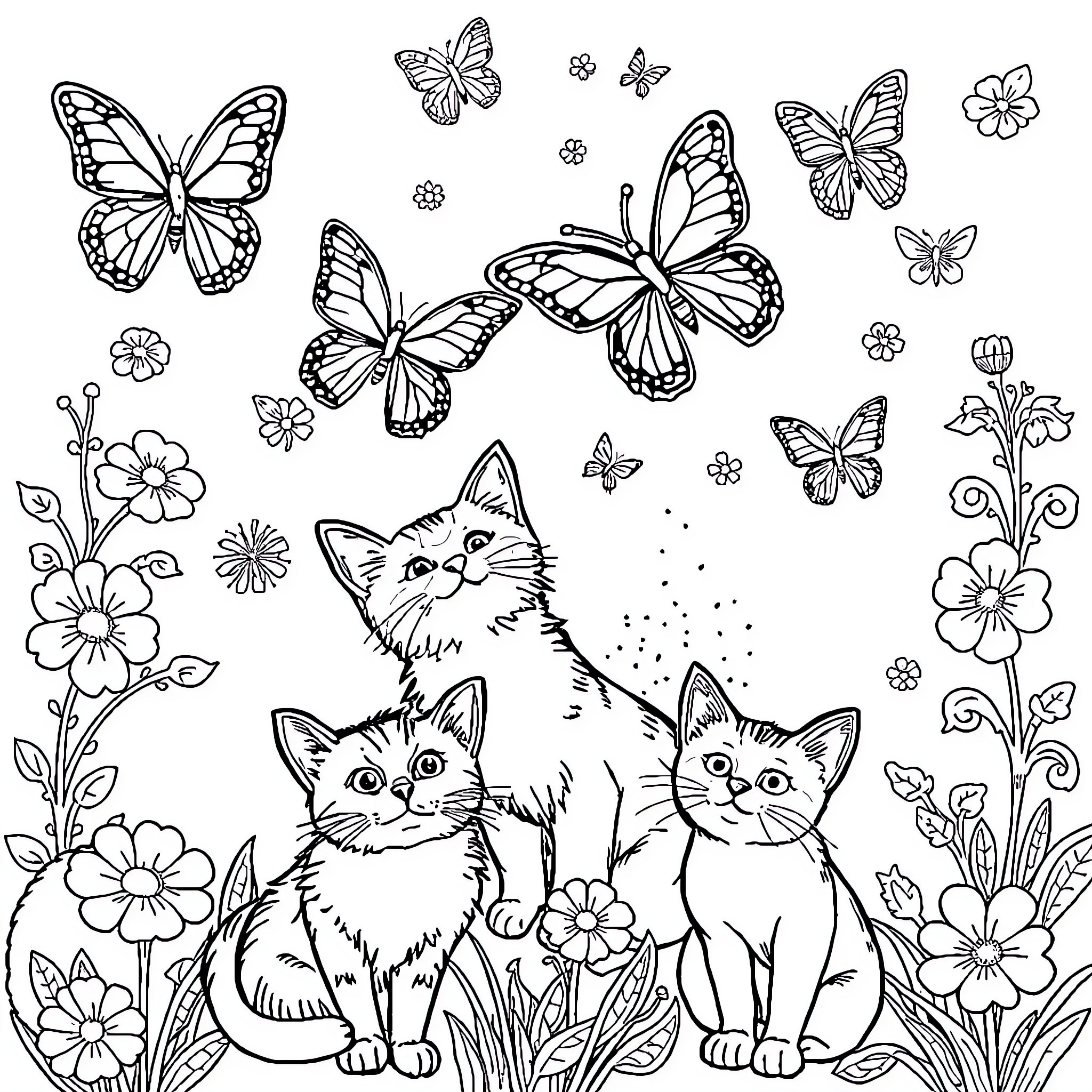Butterfly garden with playful kittens Coloring Page (free black-and-white line drawing printable PDF for all, from beginners to advanced learners, including children, teens, adults, and seniors)