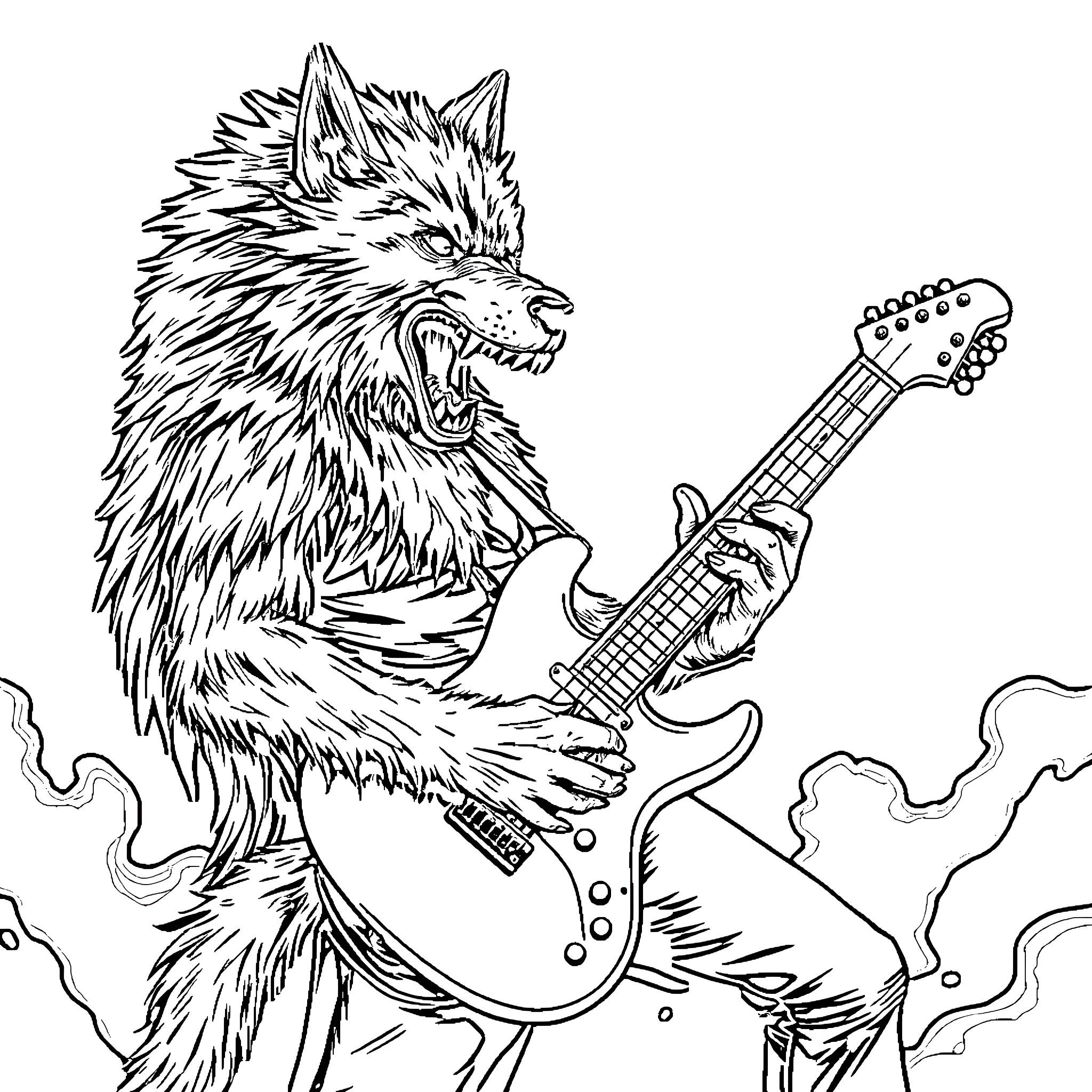 Werewolf playing an electric guitar in performance Coloring Page (free black-and-white line drawing printable PDF for all, from beginners to advanced learners, including children, teens, adults, and seniors)