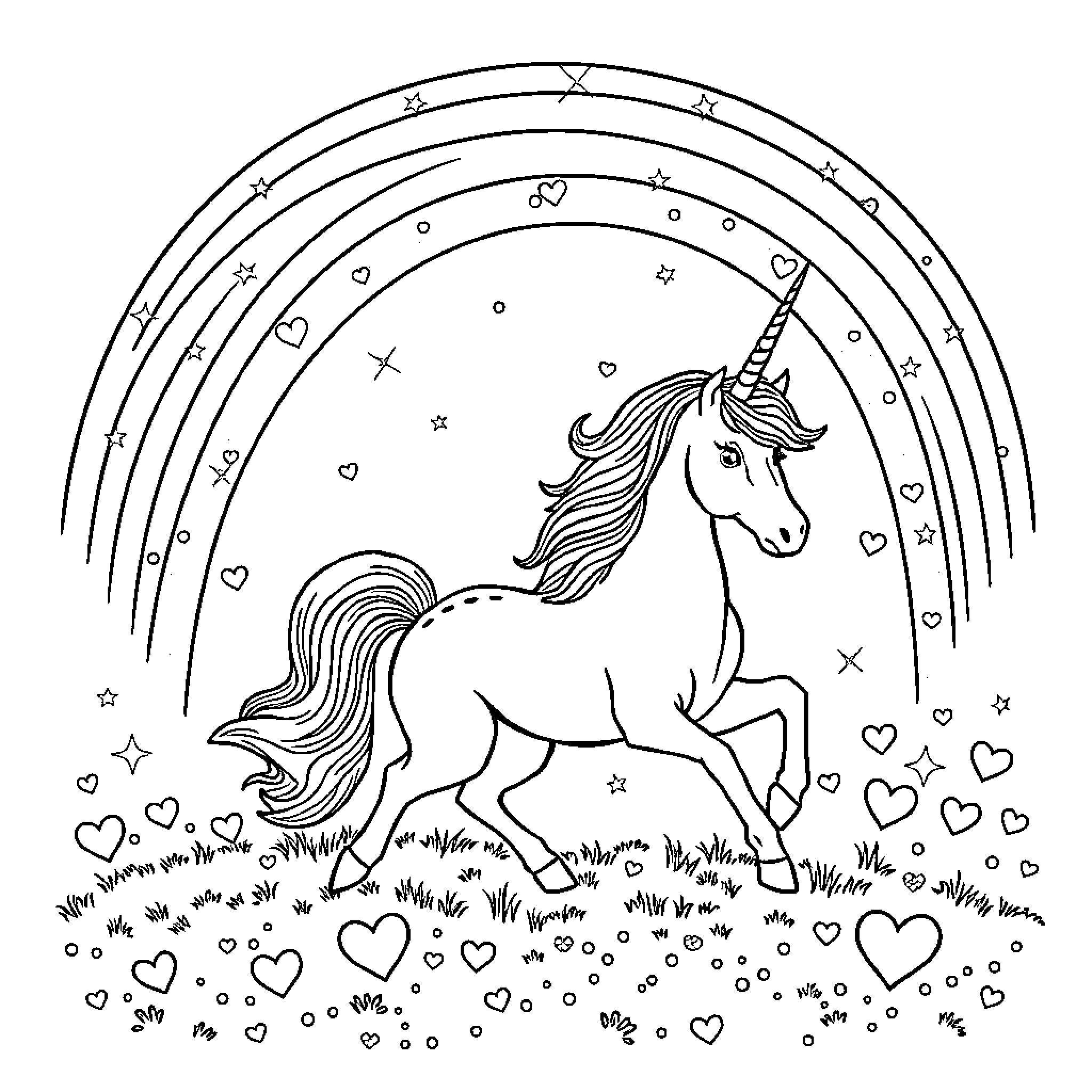Unicorn running happily through a field of hearts Coloring Page (free black-and-white line drawing printable PDF for all, from beginners to advanced learners, including children, teens, adults, and seniors)