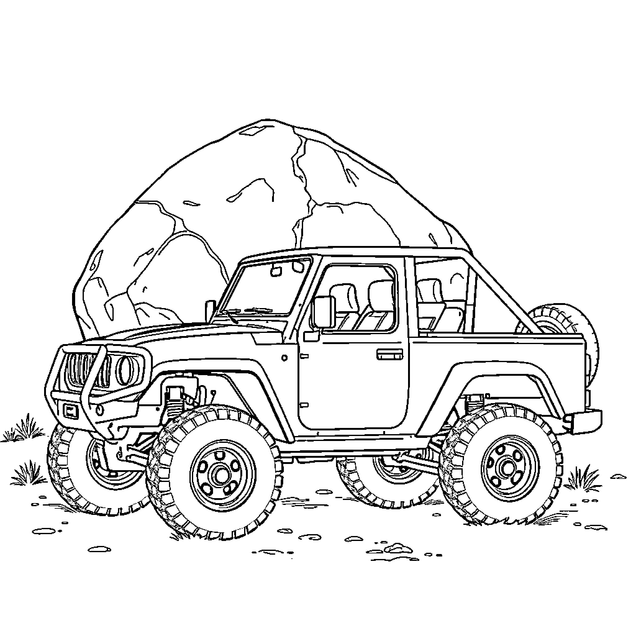 Car on Off-Road Adventure in Nature Coloring Page (free black-and-white line drawing printable PDF for all, from beginners to advanced learners, including children, teens, adults, and seniors)