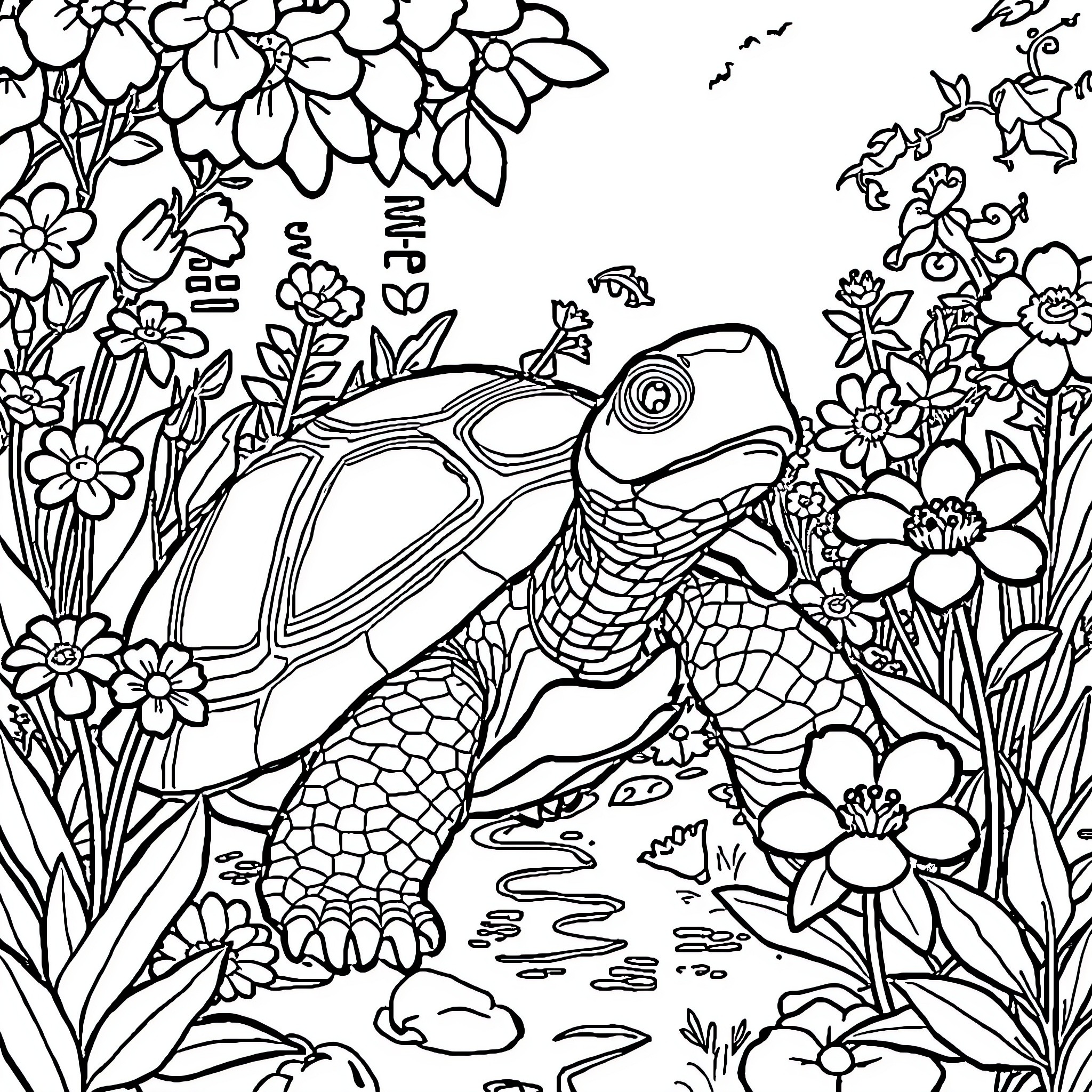 Turtle surrounded by whimsical flowers and plants Coloring Page (free black-and-white line drawing printable PDF for all, from beginners to advanced learners, including children, teens, adults, and seniors)