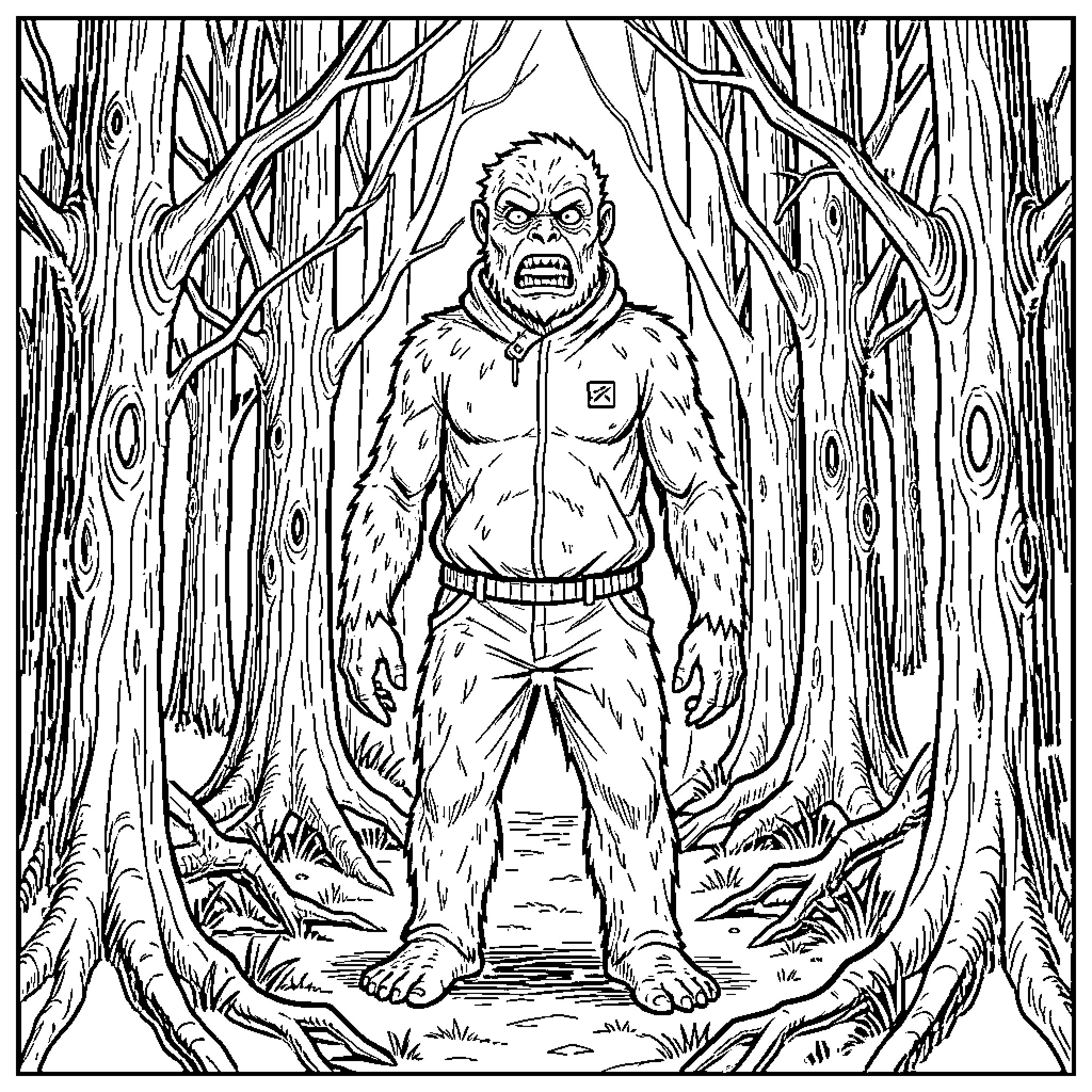 Flatwoods Monster in the Haunting Forest Coloring Page (free black-and-white line drawing printable PDF for all, from beginners to advanced learners, including children, teens, adults, and seniors)
