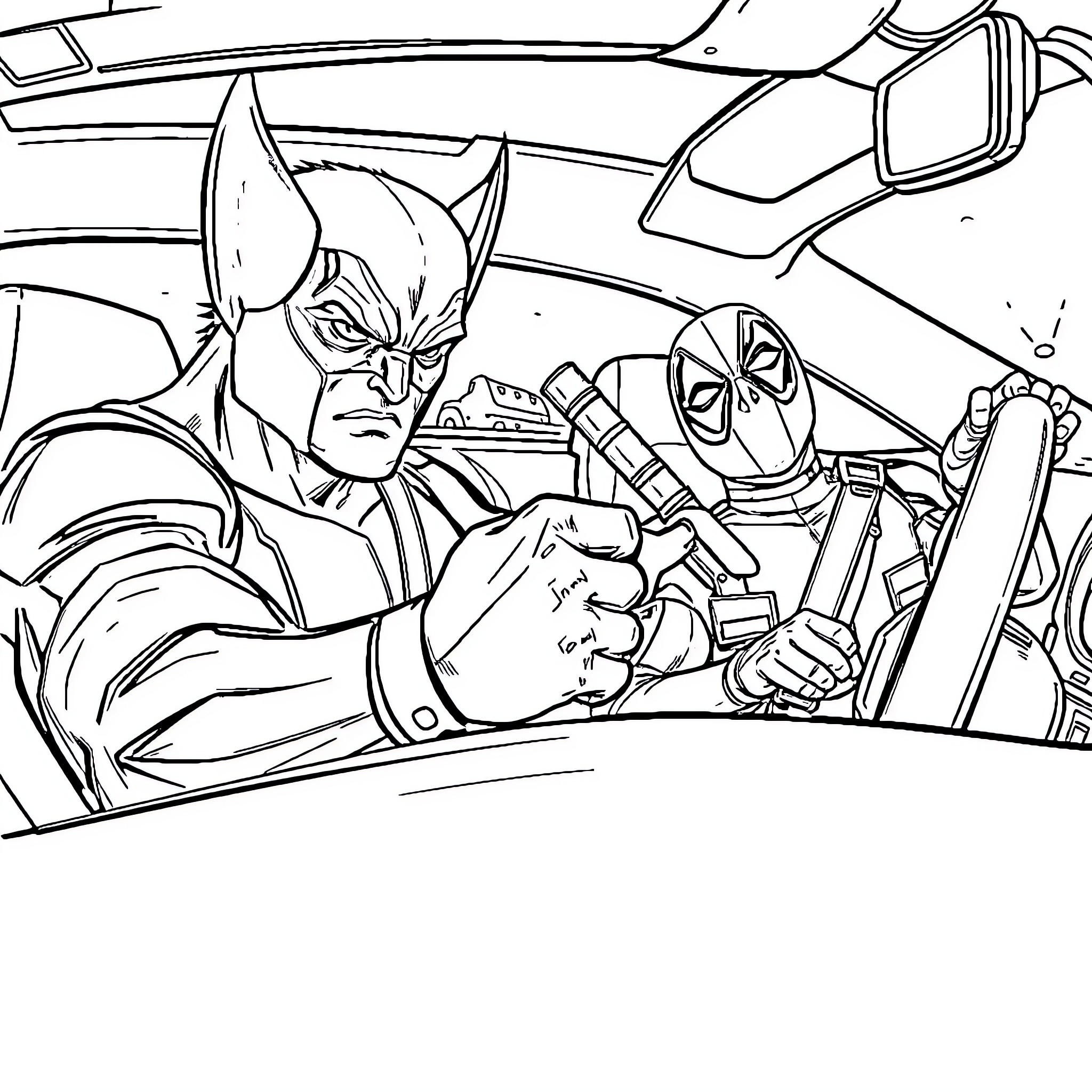 Wolverine and Deadpool in Action Coloring Page (free black-and-white line drawing printable PDF for all, from beginners to advanced learners, including children, teens, adults, and seniors)