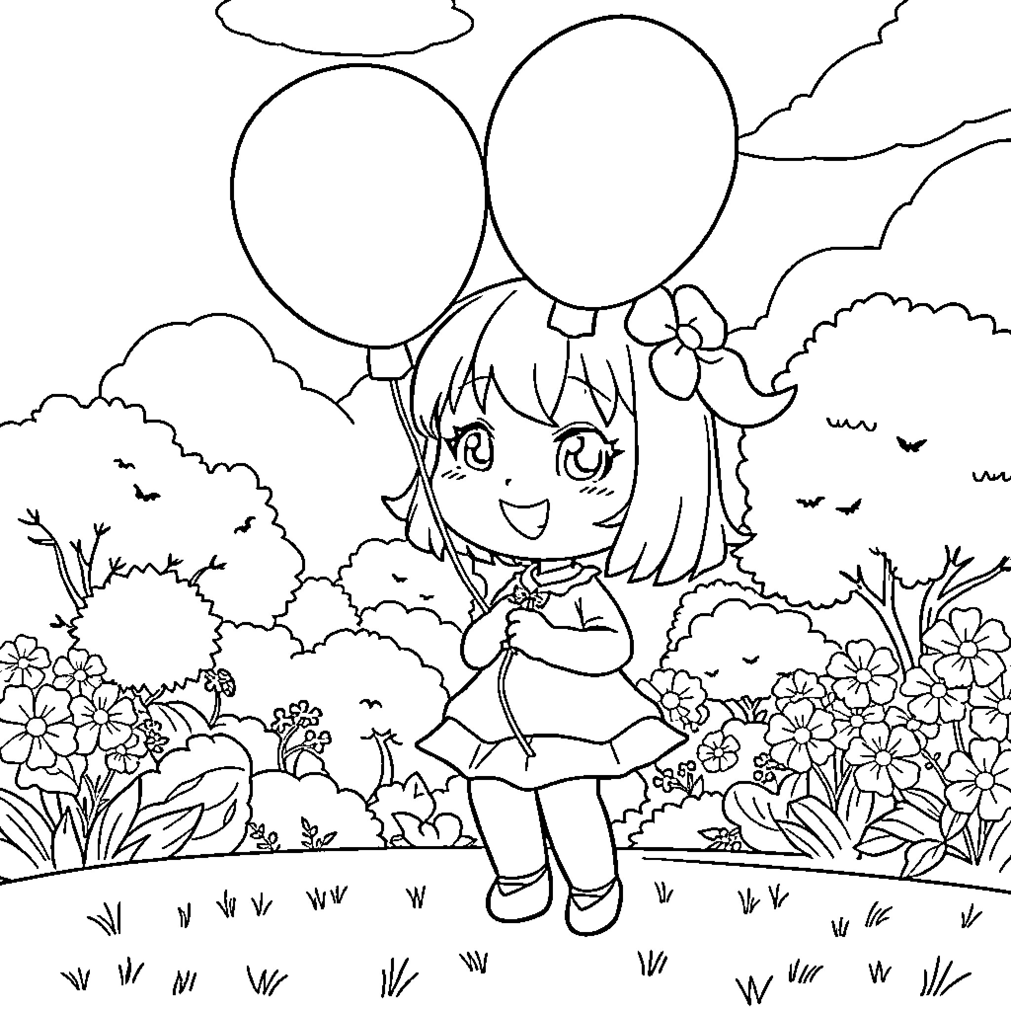 Kuromi playing with balloons in a floral garden Coloring Page (free black-and-white line drawing printable PDF for all, from beginners to advanced learners, including children, teens, adults, and seniors)
