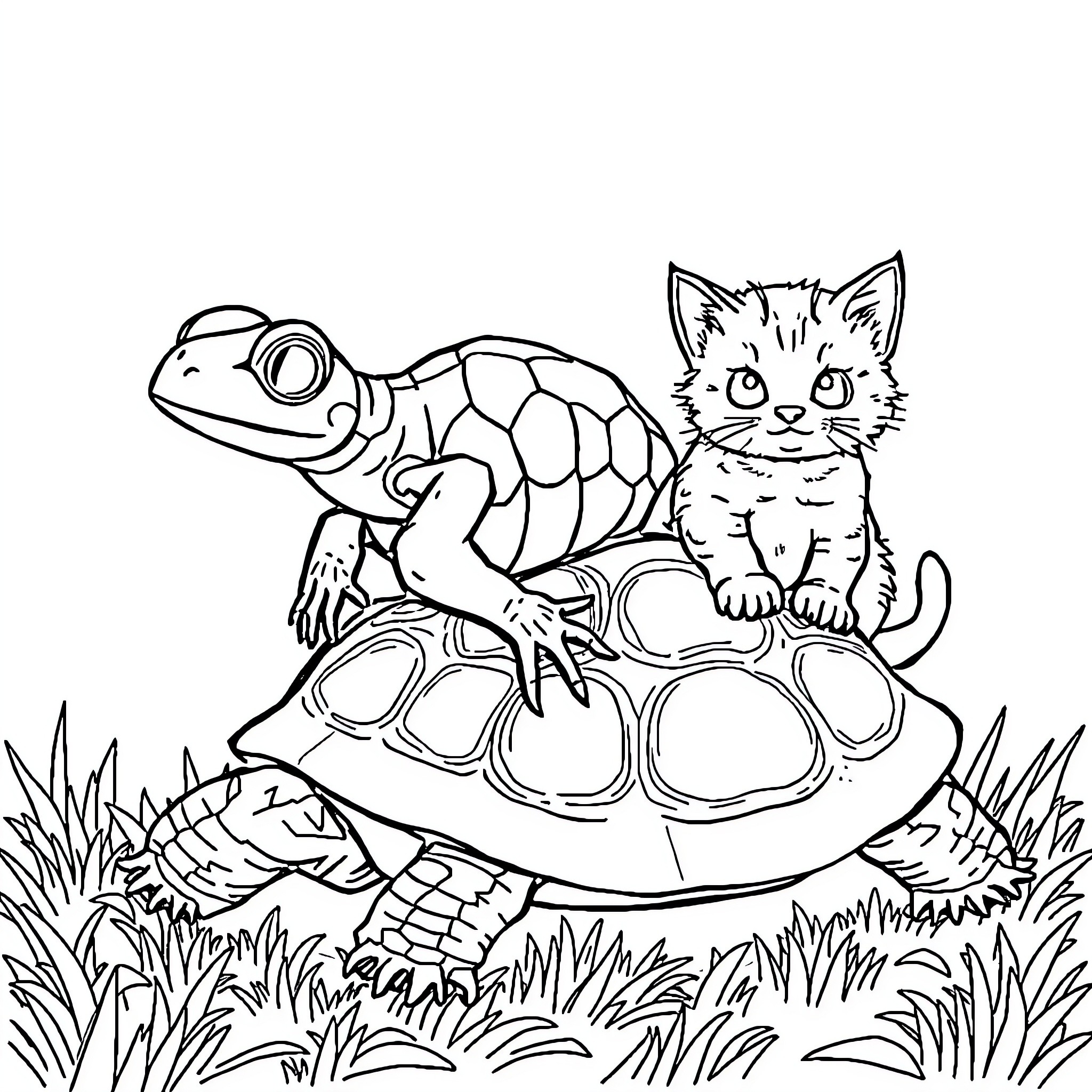Frog and Kitten Explore Nature Together Coloring Page (free black-and-white line drawing printable PDF for all, from beginners to advanced learners, including children, teens, adults, and seniors)